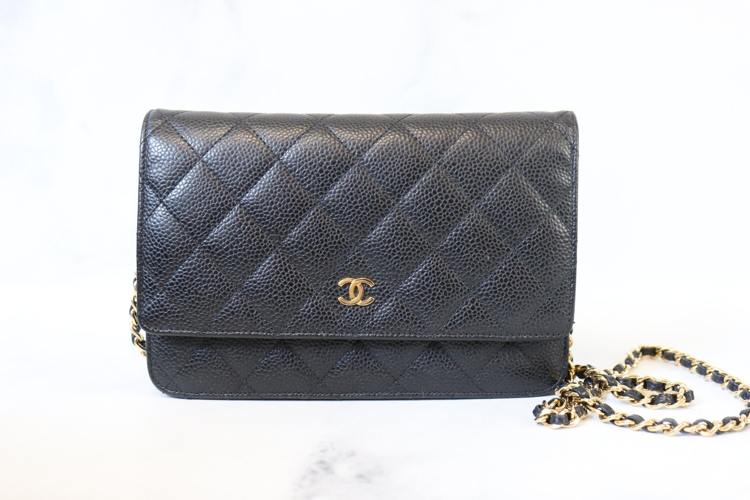 Chanel Wallet on Chain, Black Caviar, Gold Hardware, Preowned in Black Cotton Dustbag