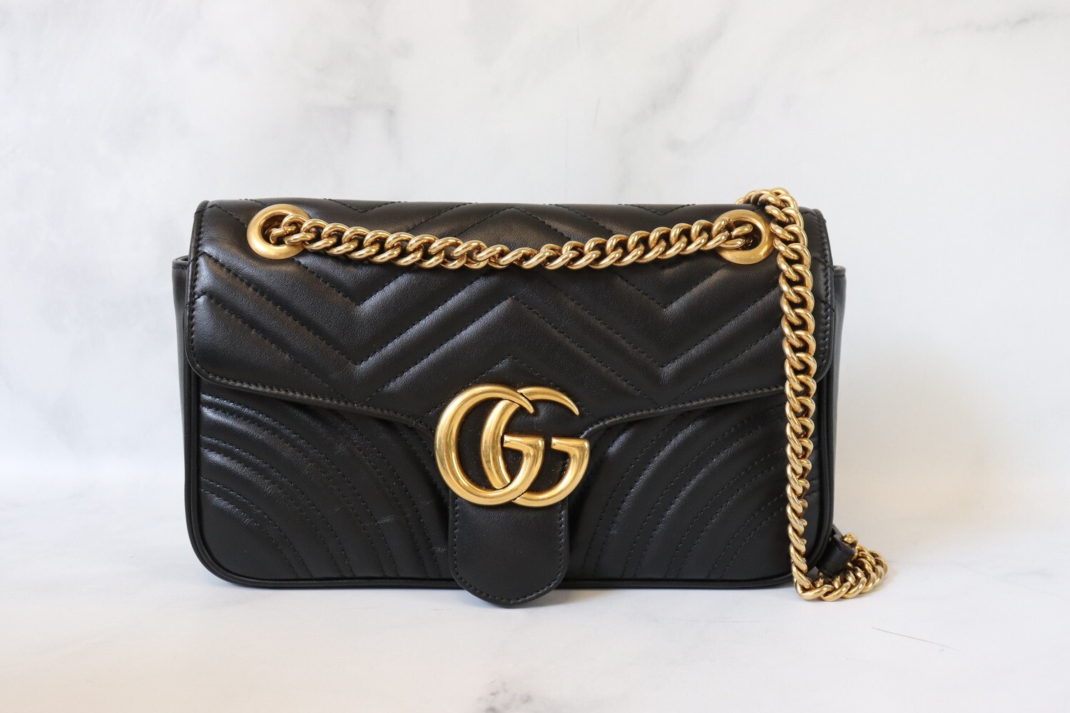 Gucci Marmont Flap Small, Black Leather, Brushed Gold Hardware, Preowned in Dustbag