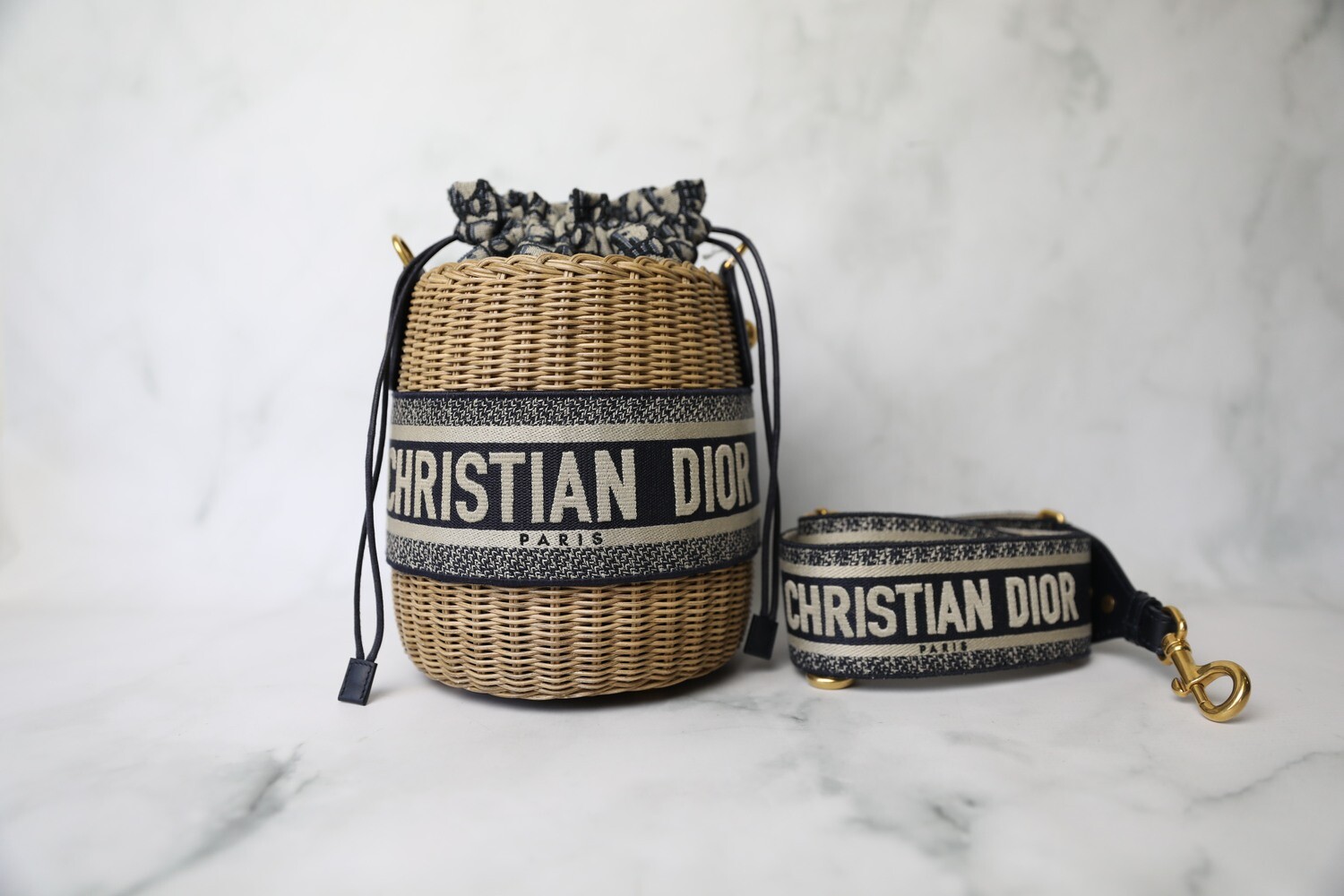 Christian Dior Wicker Bucket Bag, Navy, New in Box WA001