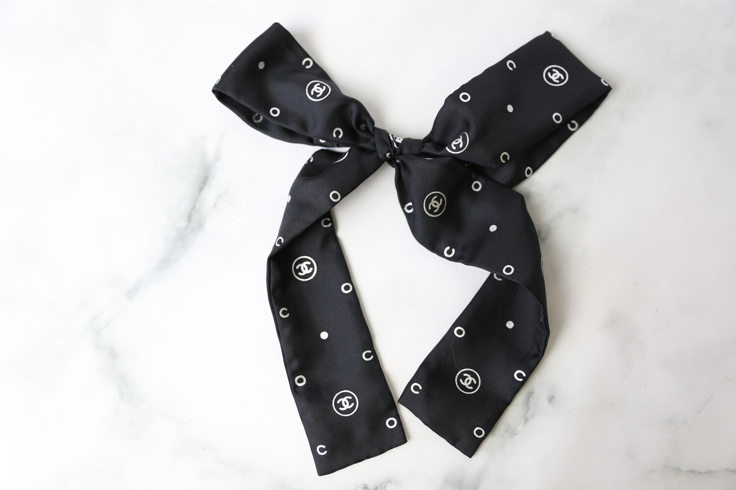 Chanel Twilly Scarf, Black with Silver Dots, New in Tissue WA001