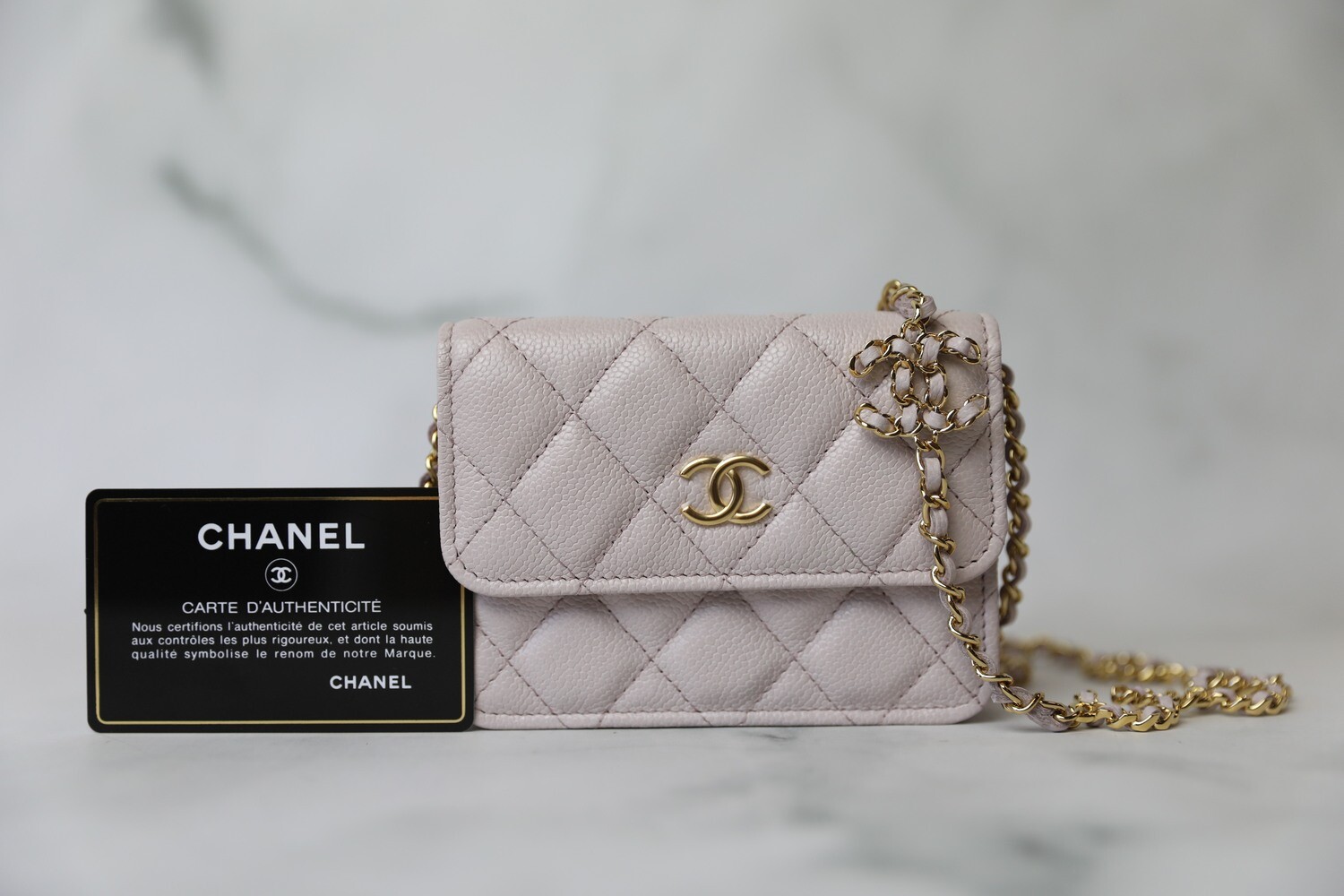 Chanel Cardholder on Chain, Lilac Purple Caviar with Gold Hardware, New in Box WA001