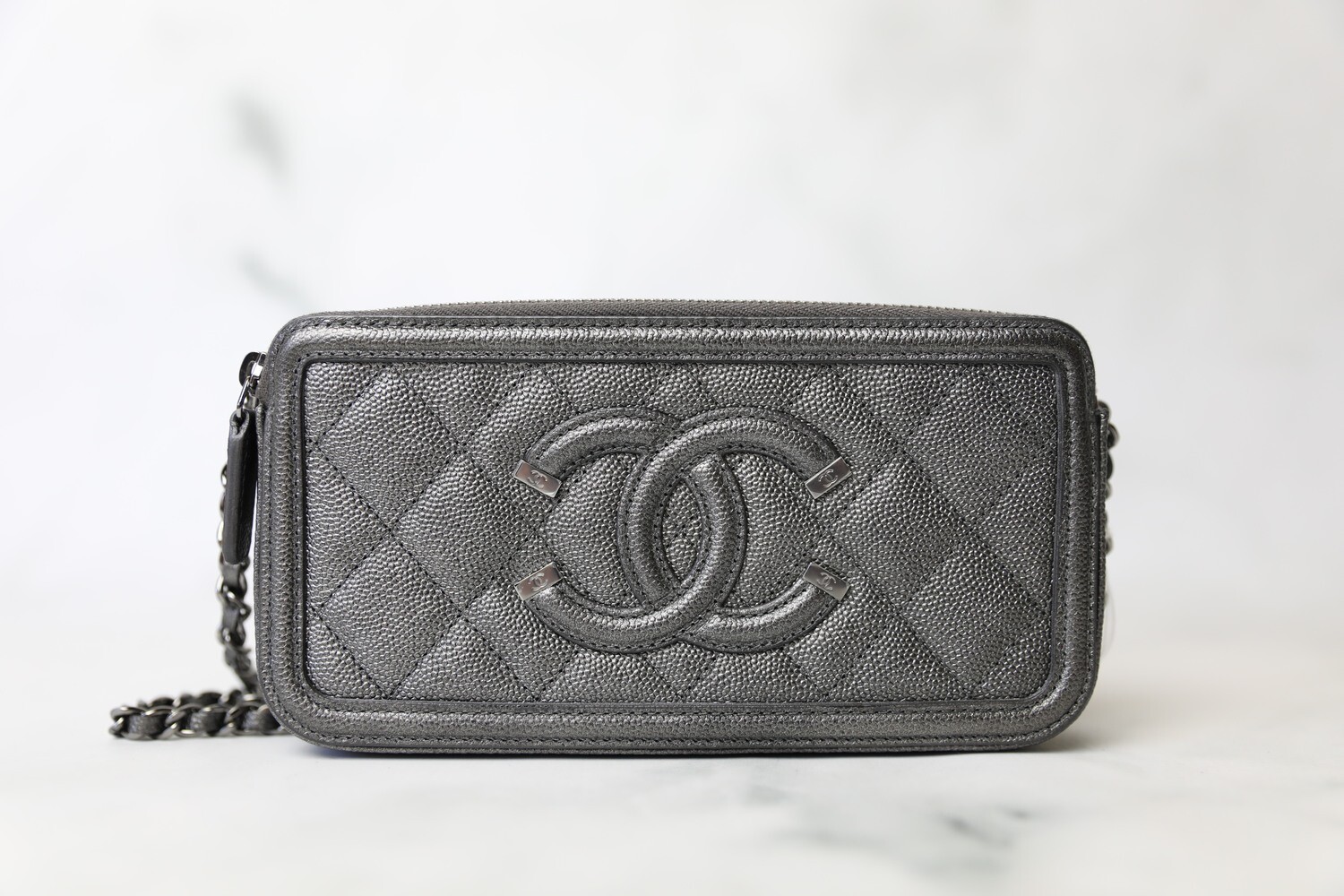 Chanel Filigree Clutch with Chain, Grey iridescent Caviar with Silver Hardware, New in Box WA001