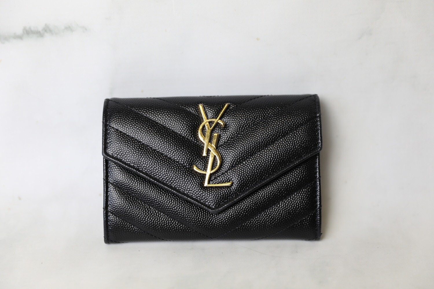Saint Laurent Snap Wallet, Black Grained Leather with Gold Hardware, Preowned in Dustbag WA001