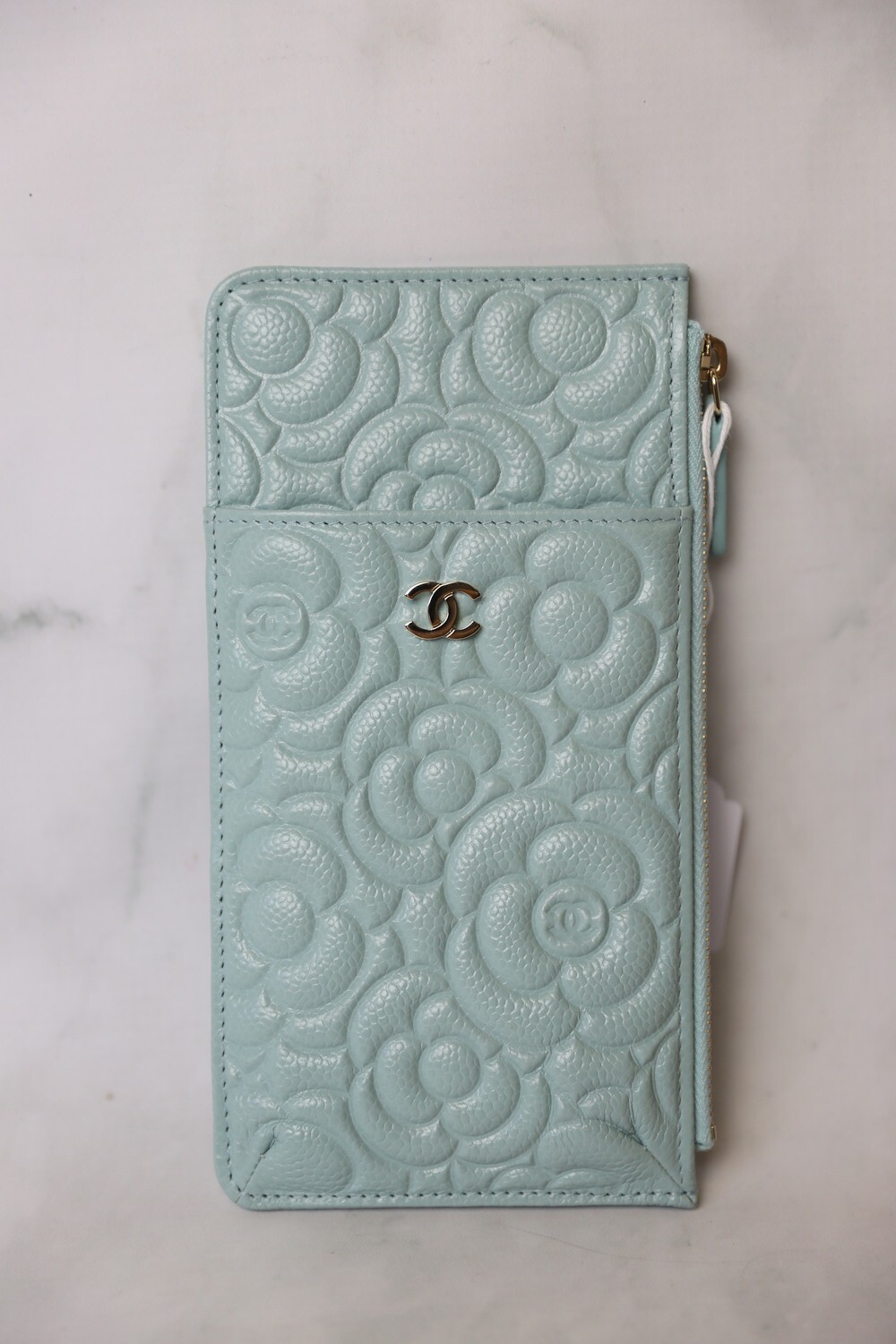 Chanel Camellia Phone Pouch, Blue Caviar with Gold Hardware, New in Box WA001