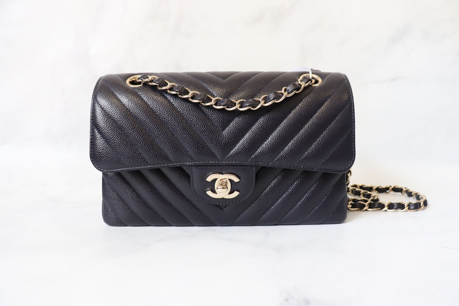 Chanel Classic Small Navy Chevron Caviar, Light Gold Hardware, New in Box