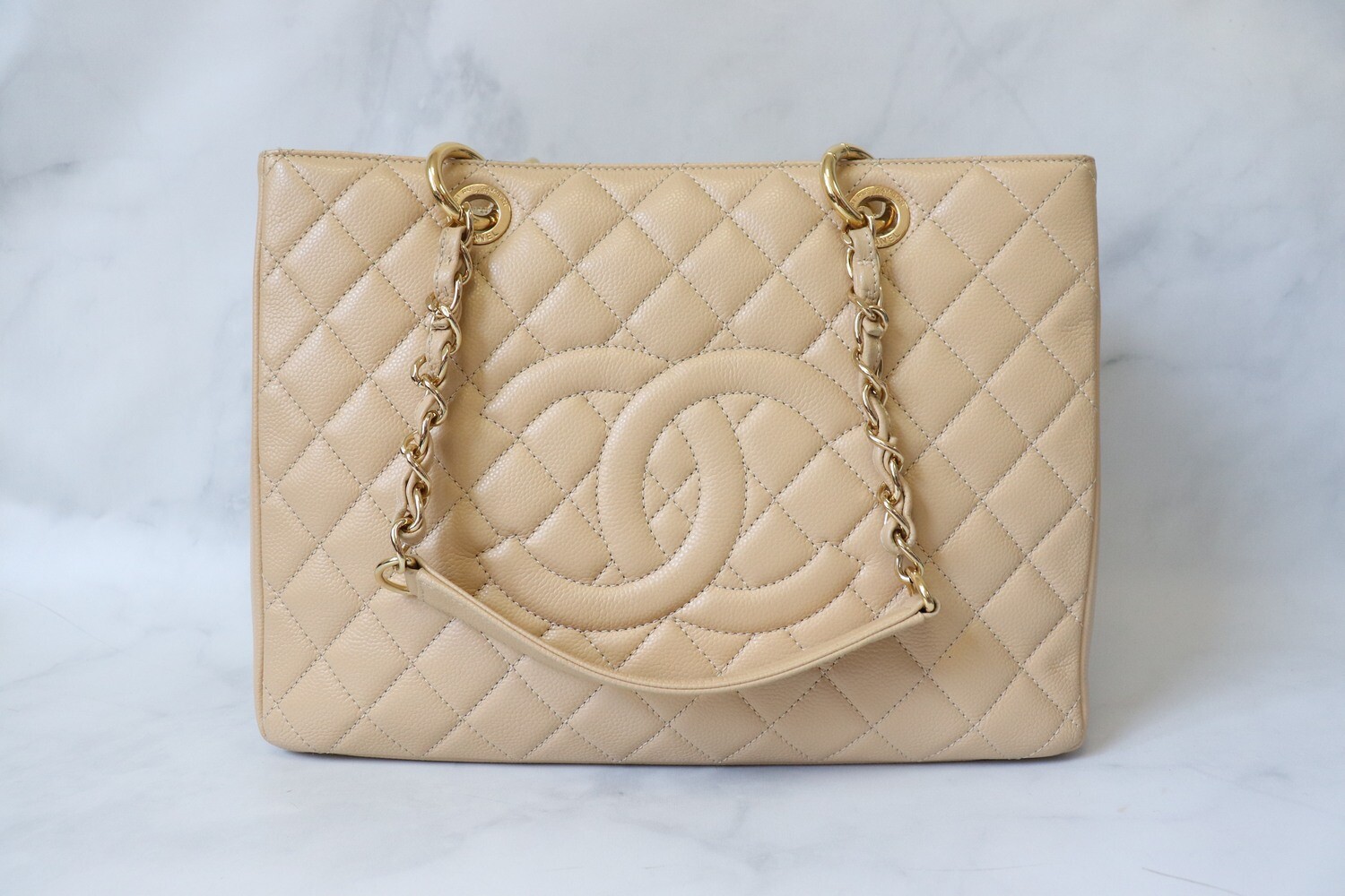 Chanel Grand Shopping Tote Bag, Beige Caviar Leather, Gold Hardware, Preowned in Dustbag