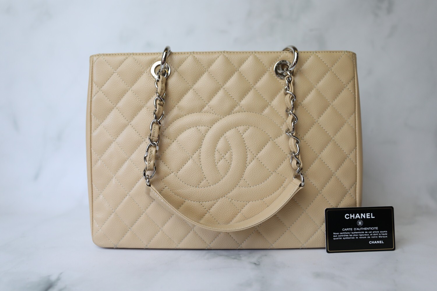 Chanel GST Grand Shopping Tote, Beige Caviar with Silver Hardware, Preowned in Box WA001