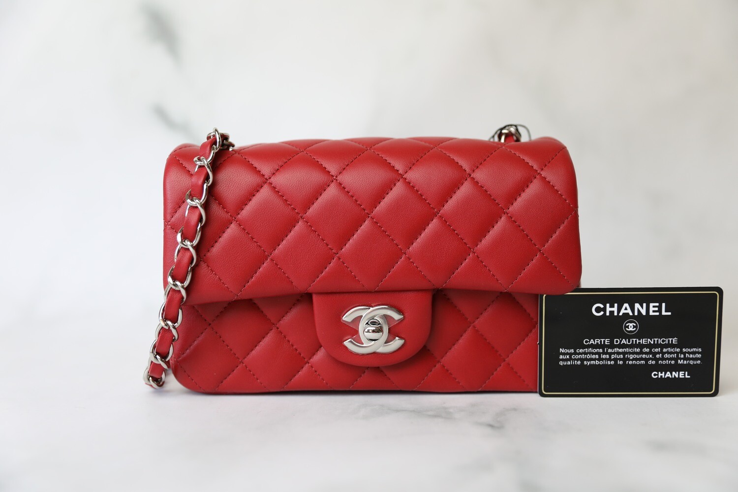 Chanel Classic Mini Rectangular, Red Lambskin with Silver Hardware, New in Box WA001