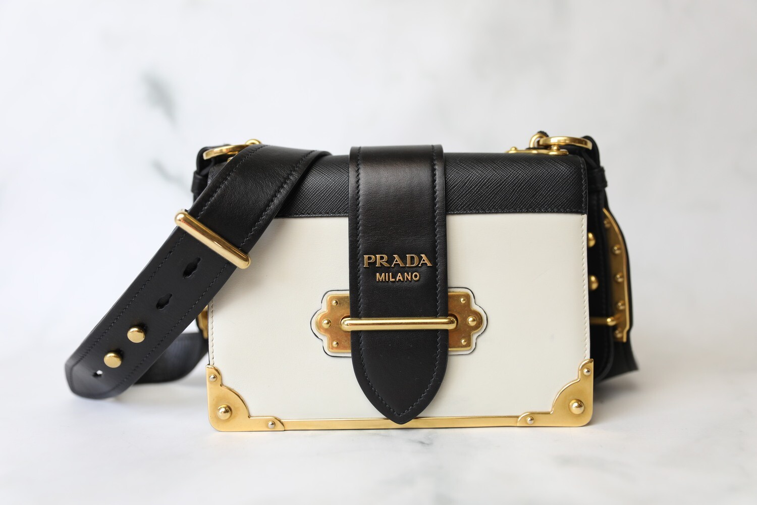 Prada Cahier Bag, Black and White, Preowned in Dustbag WA001