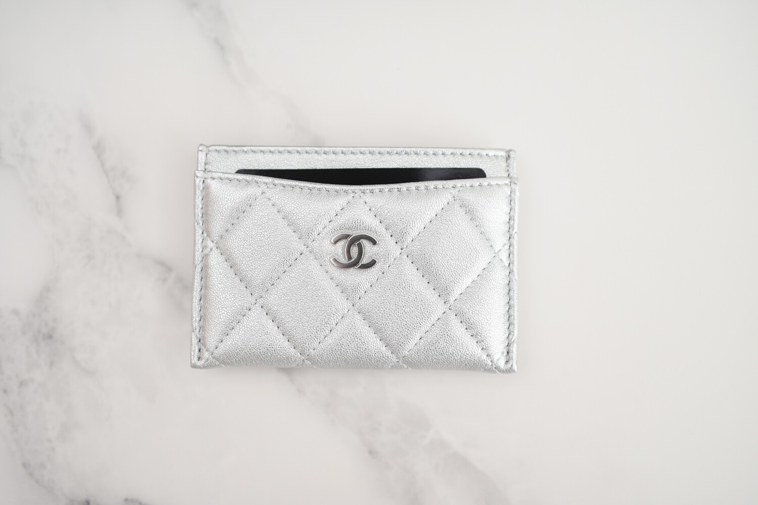 Chanel SLG Flat Cardholder, Silver Lambskin Leather, Silver Hardware, New in Box