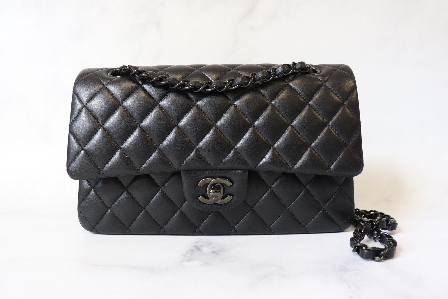 Chanel Classic Mini Square 17S So Black Quilted Crumpled Calfskin