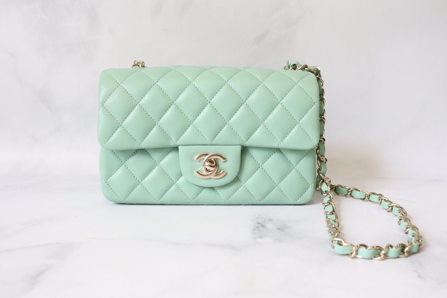 Chanel Mini Rectangle, Tiffany Green Lambskin Leather with Shiny Gold  Hardware, New in Box