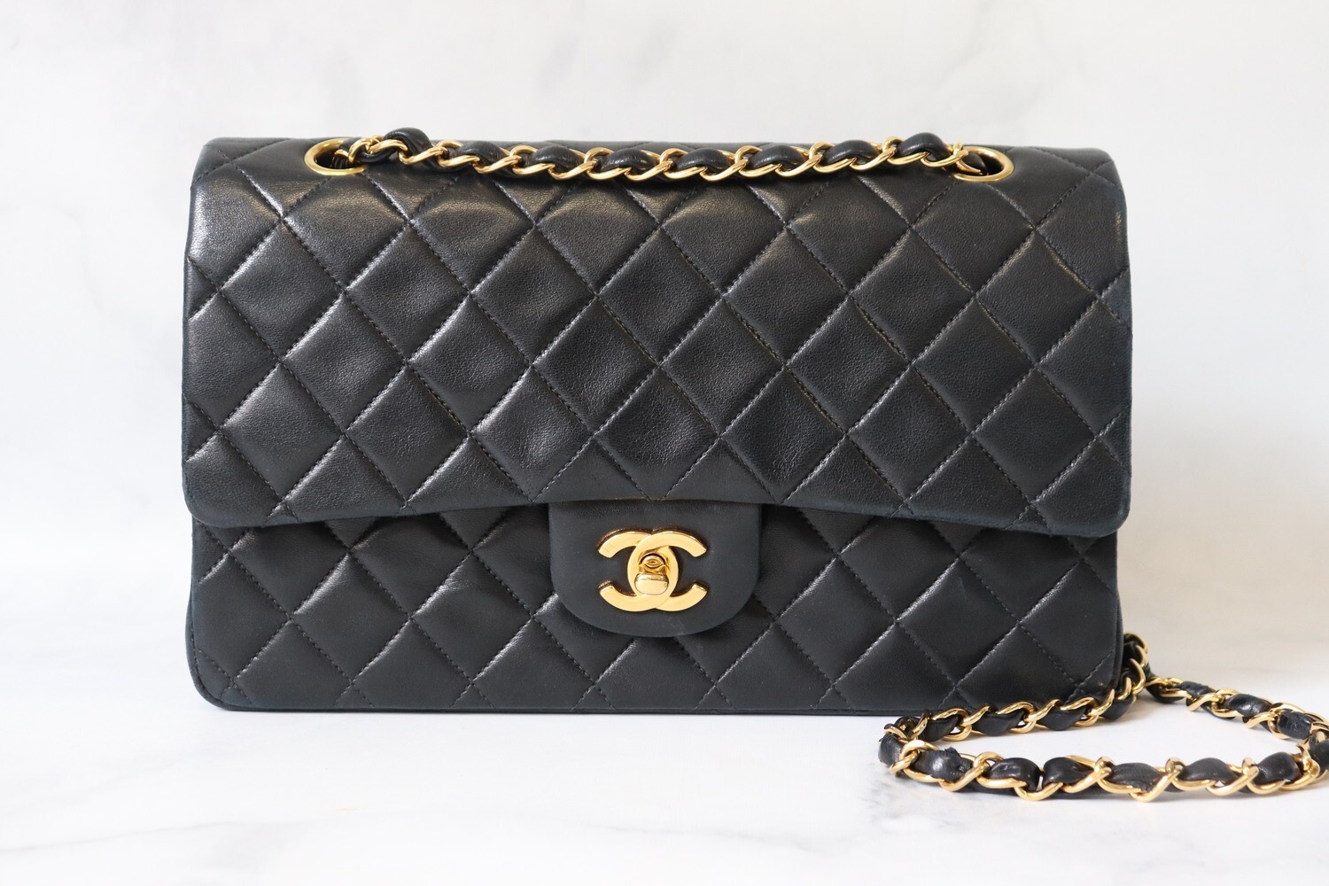 Chanel Vintage Classic Medium Double Flap, Black Lambskin with Gold Plated Hardware, Preowned in Dustbag
