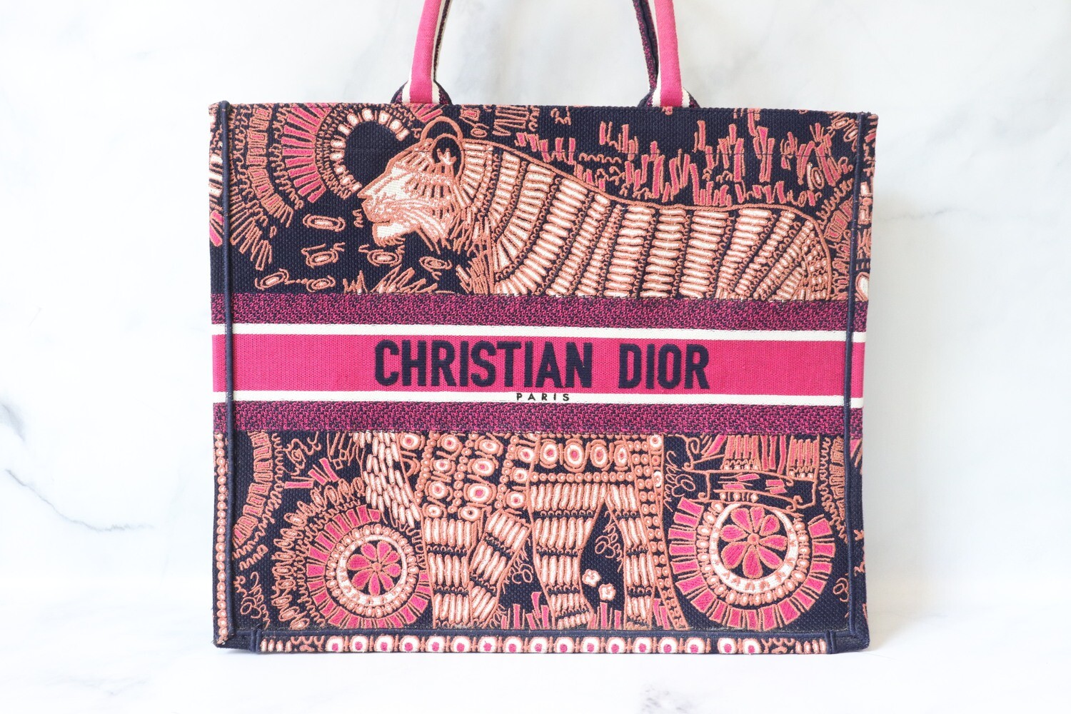 Dior Book Tote Large, Dark Pink Tiger Print, Preowned, No Dustbag MA001