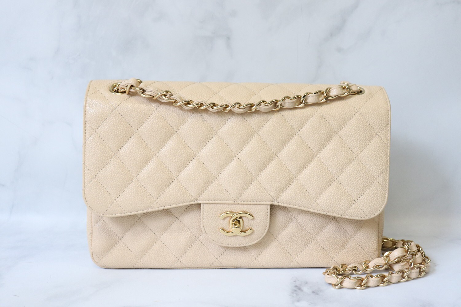 Chanel Classic Jumbo Double Flap, Beige Clair Caviar with Gold Hardware, Preowned In White Box