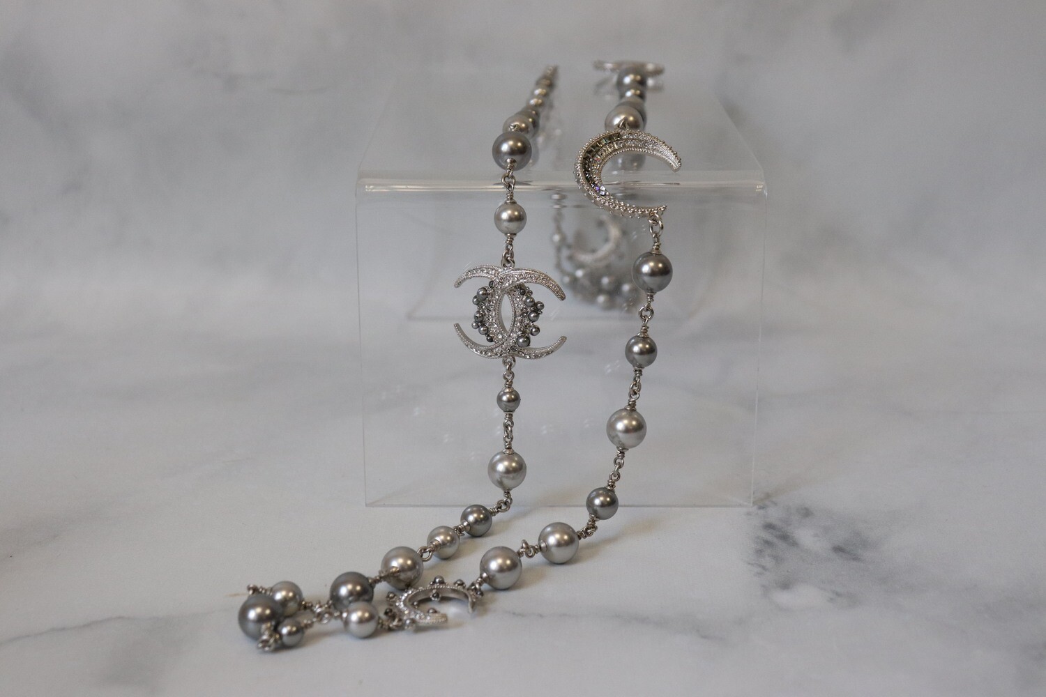 Chanel Necklace, Long Gray Pearl with Crystal, Preowned in Box