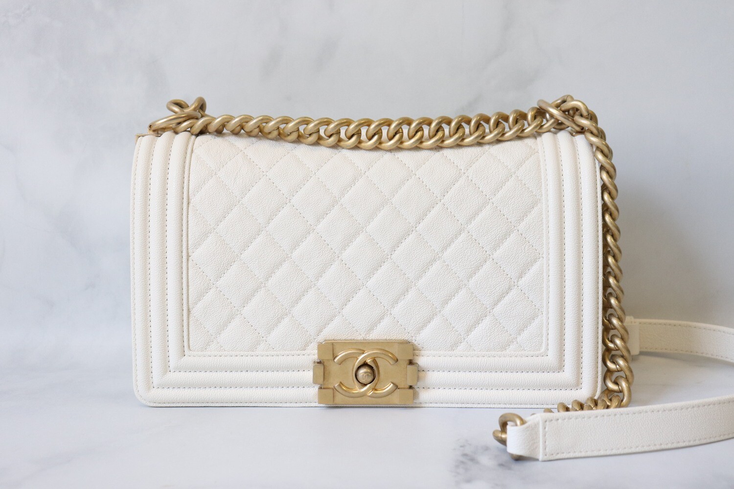 Chanel Boy Old Medium Ivory Caviar Leather, Gold Hardware, Preowned in Box