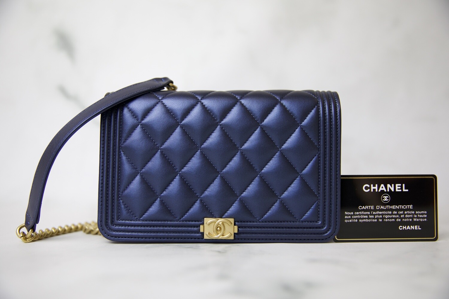 Chanel Boy Wallet on Chain, Metallic Navy with Gold Hardware, Preowned in Box WA001