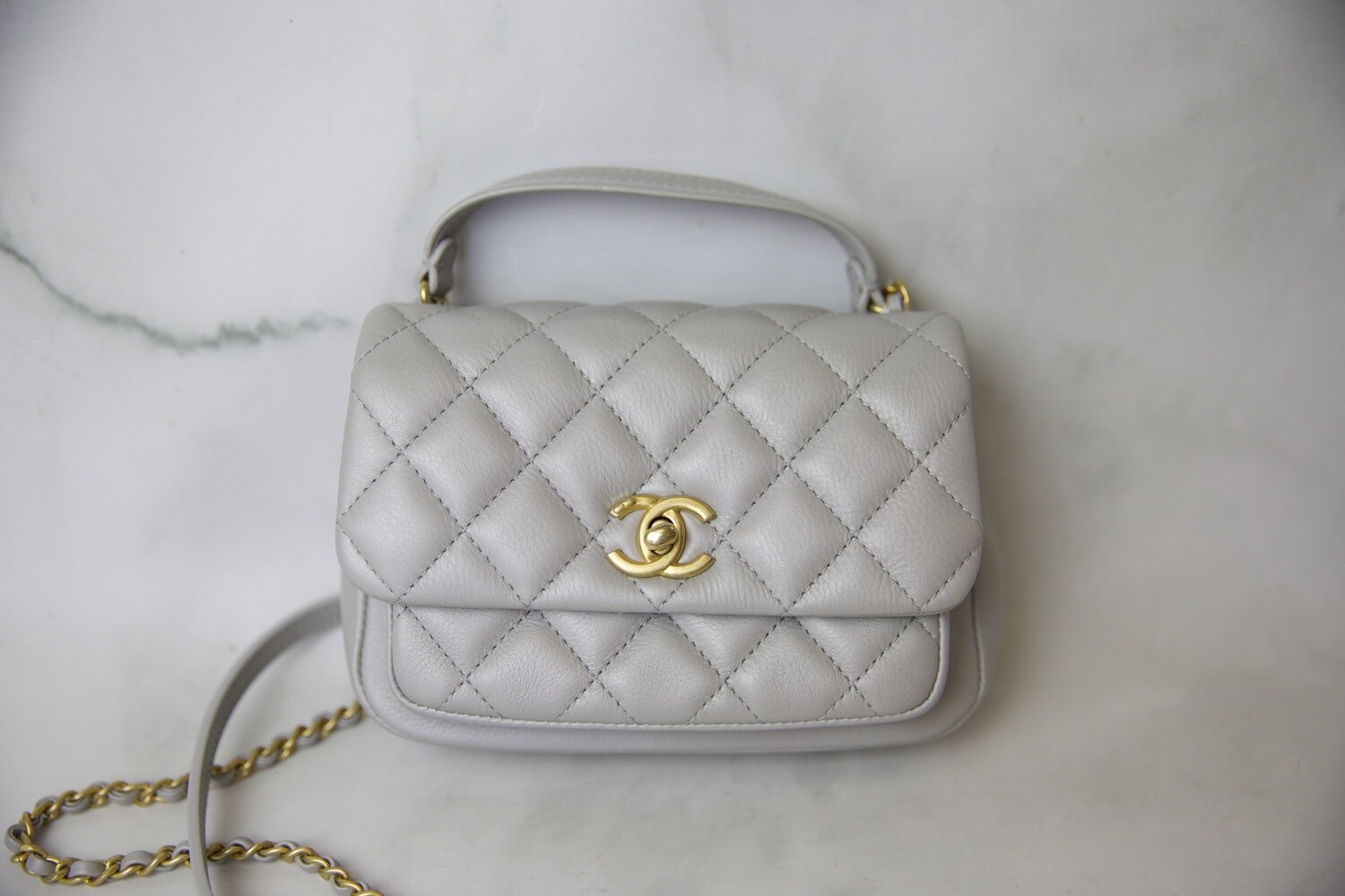 Chanel Seasonal Top Handle Mini Flap, Grey Calfskin with Aged Gold Hardware, New in Box WA001