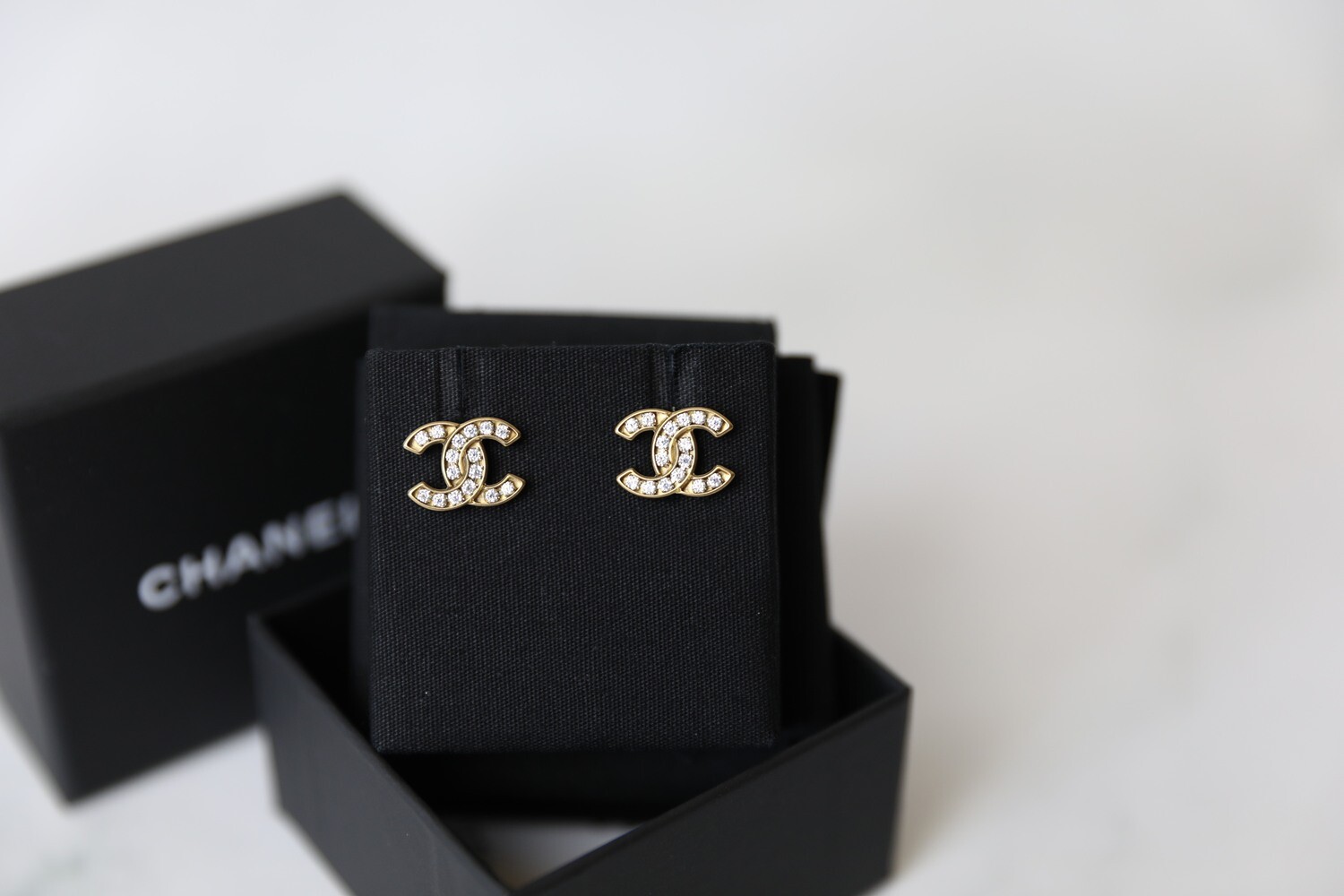 Chanel Stud Earrings, Gold with Crystal Inlay, Preowned in Box WA001