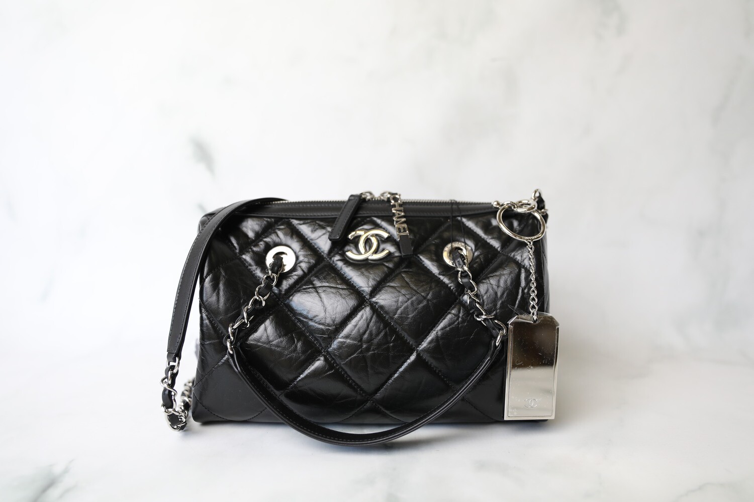 Chanel Seasonal Bowler, Black Crumpled Calfskin with Silver Hardware, Preowned in Box WA001