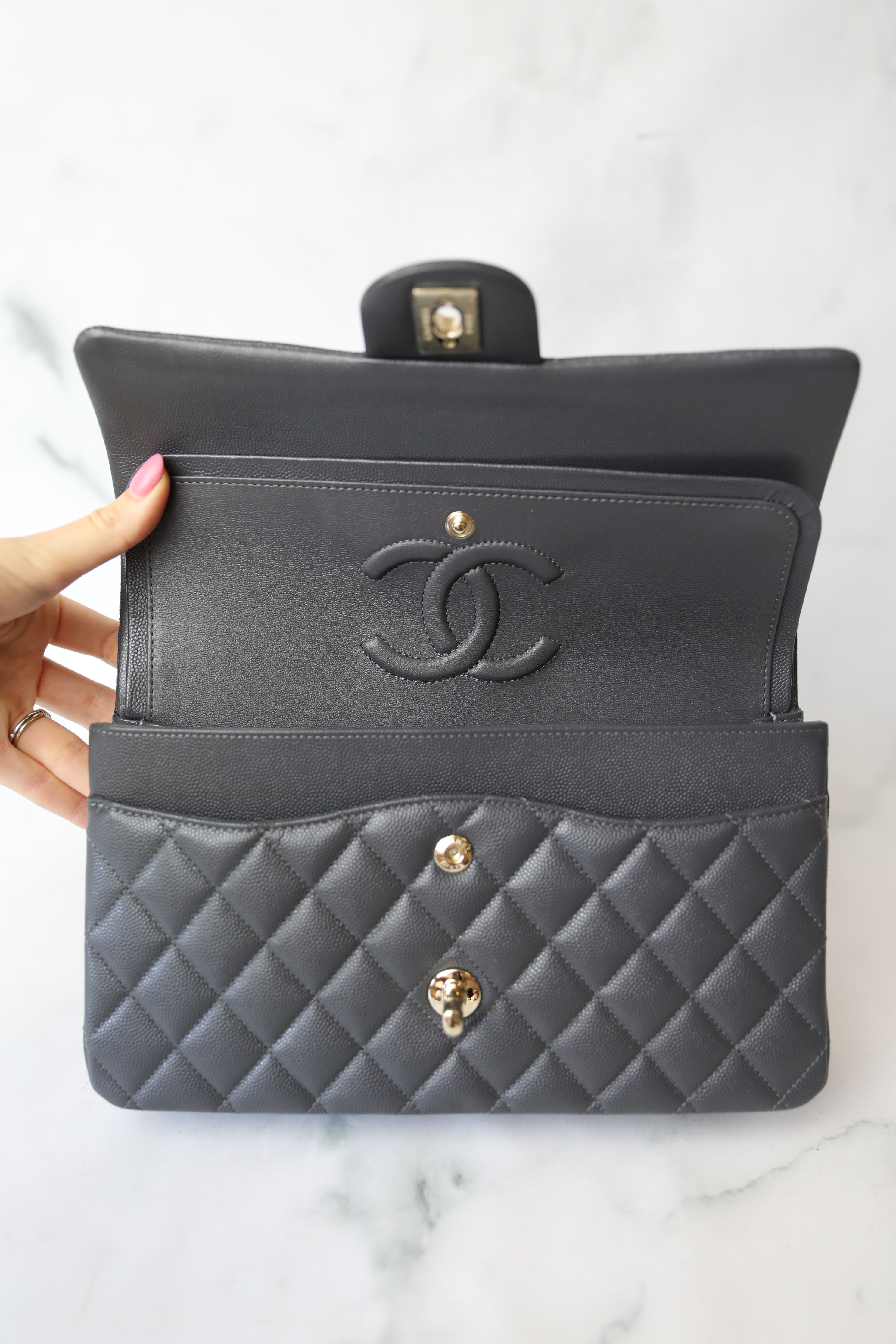 Chanel Classic Medium Double Flap, 21b Dark Grey Caviar Leather, Gold  Hardware, New In Box - Julia Rose Boston