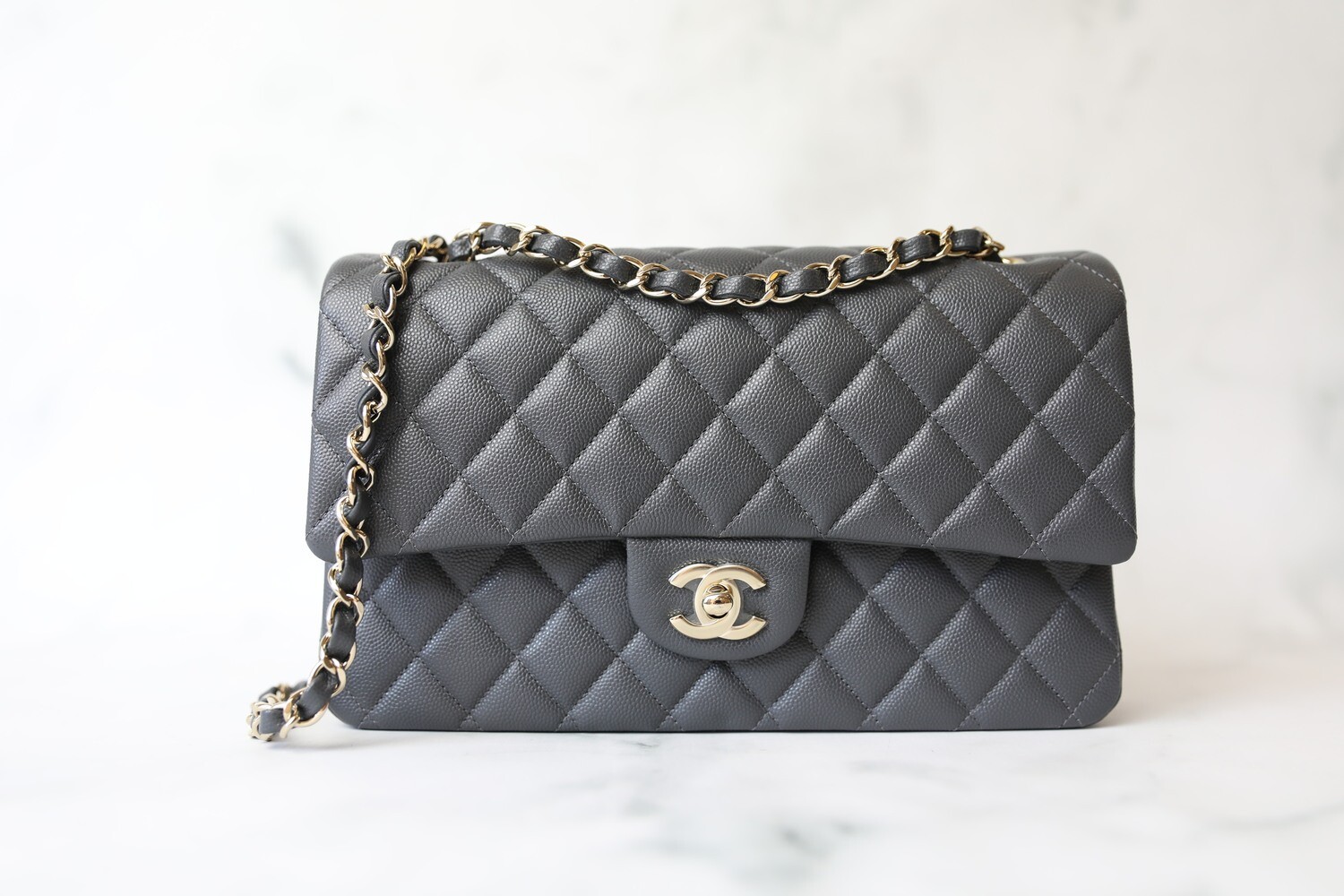 Chanel Classic Medium Double Flap, 21b Dark Grey Caviar Leather, Gold  Hardware, New In Box