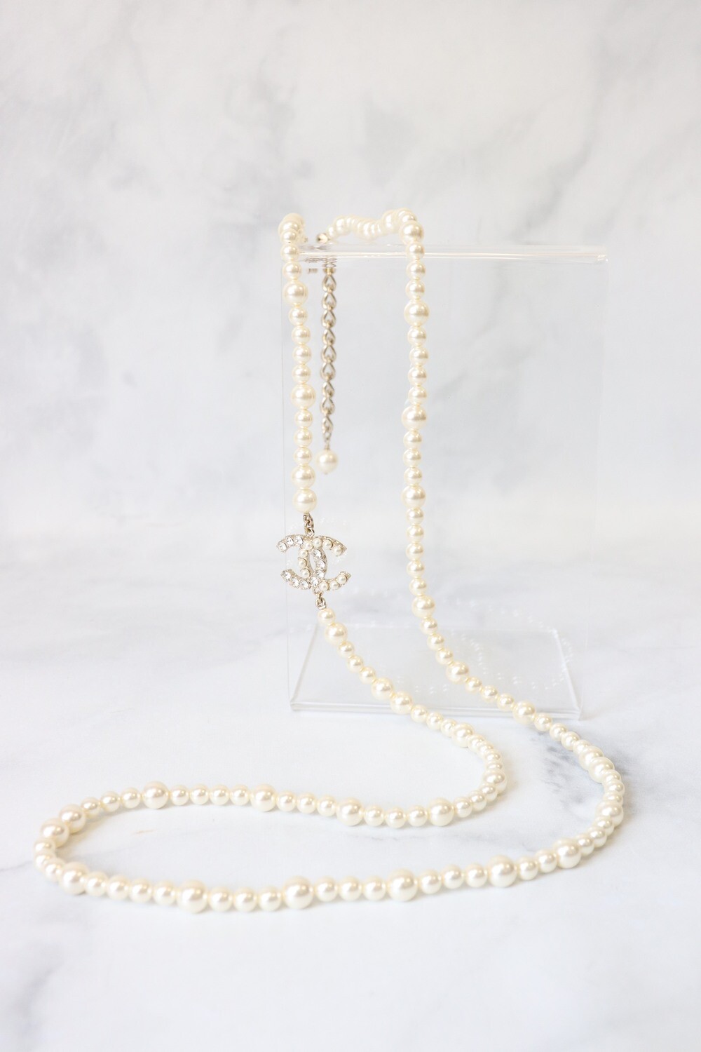 Chanel Long Pearl Necklace with Rhinestone CC, New in Box