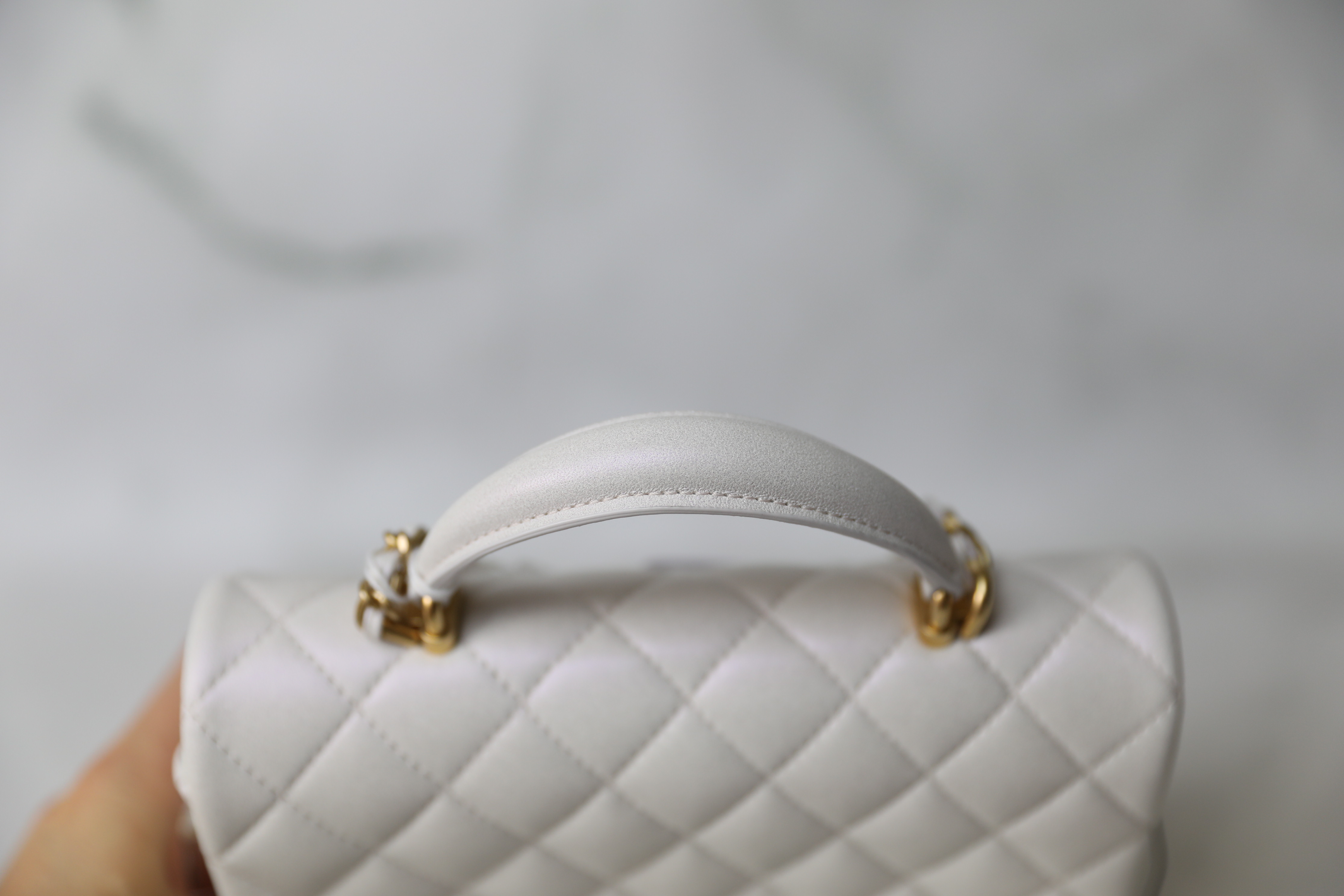 Chanel Mini with Top Handle, White Iridescent Lambskin with Gold