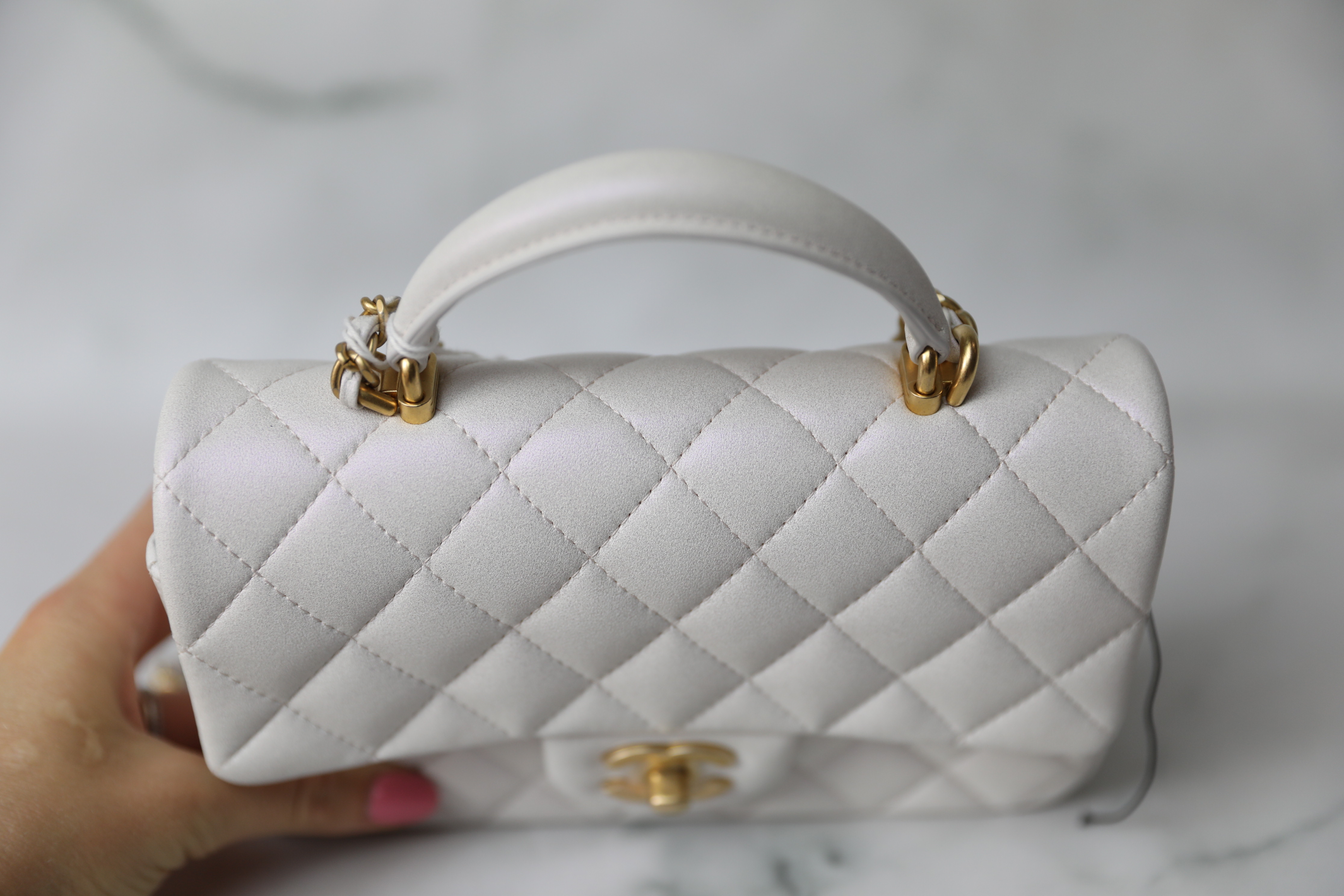 Chanel Mini with Top Handle, White Iridescent Lambskin with Gold Hardware,  New in Box WA001