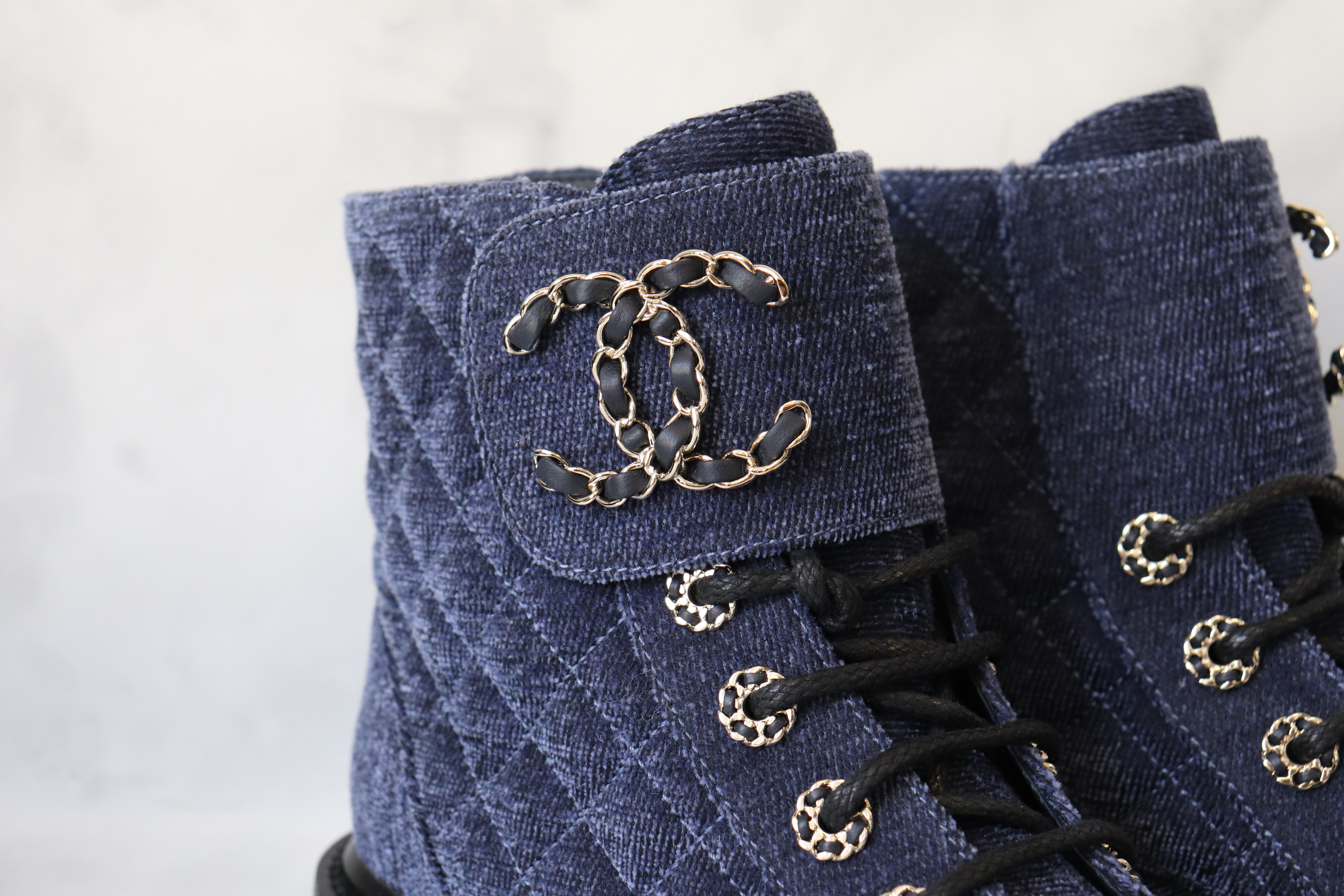CHANEL, Shoes, Chanel Denim Blue Wash Mid Calf Cc Logo Boots