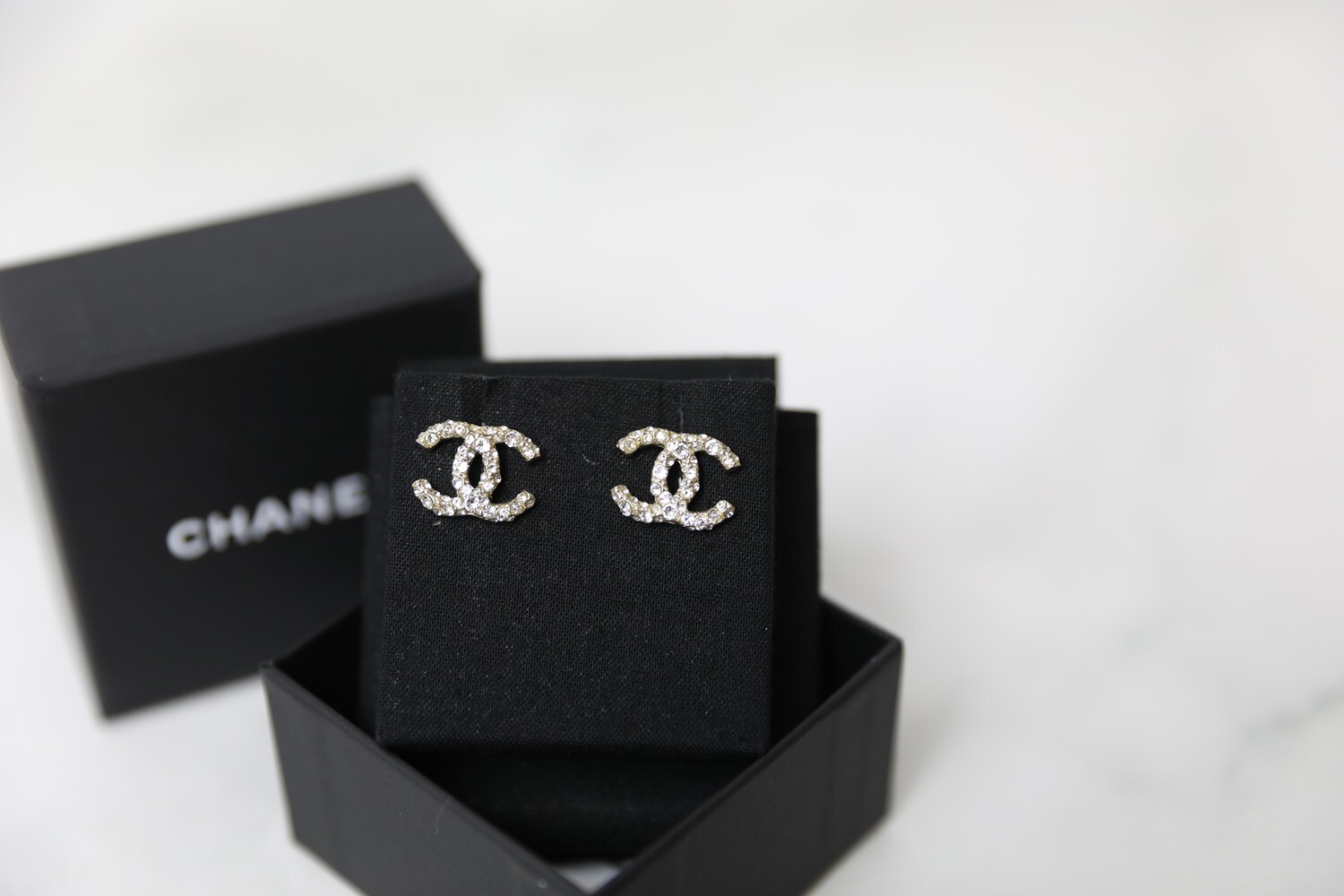 Chanel Earrings Stud CC with Crystals, Preowned in Box WA001