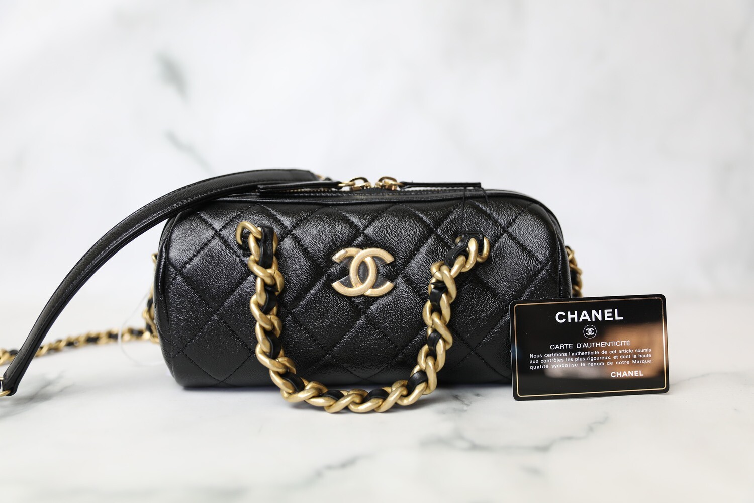 Chanel Fashion Therapy Bowler, Black Shiny Lambskin with Gold Hardware, New in Box WA001