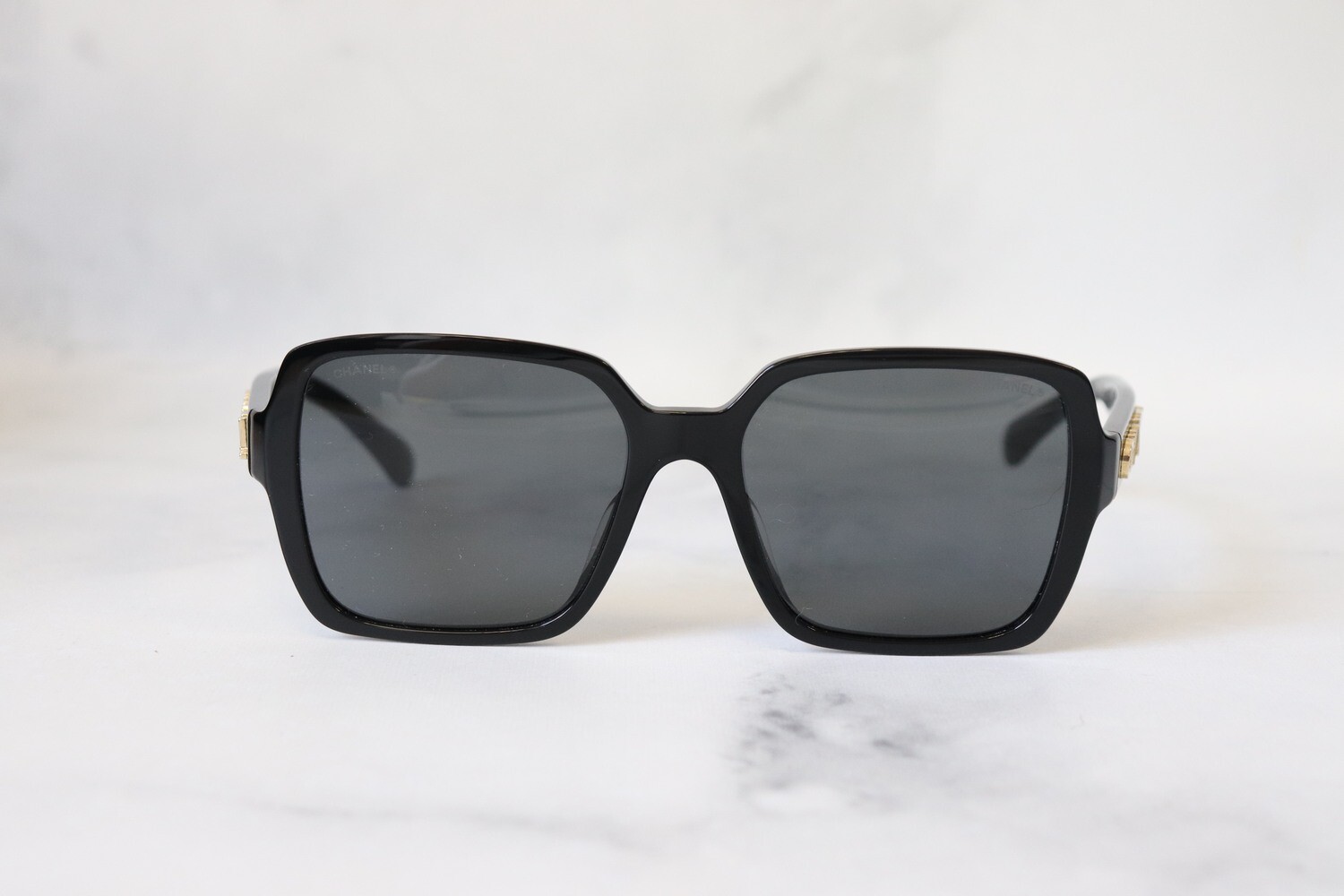 Chanel Sunglasses, Black with Gold Writing, Preowned in Box