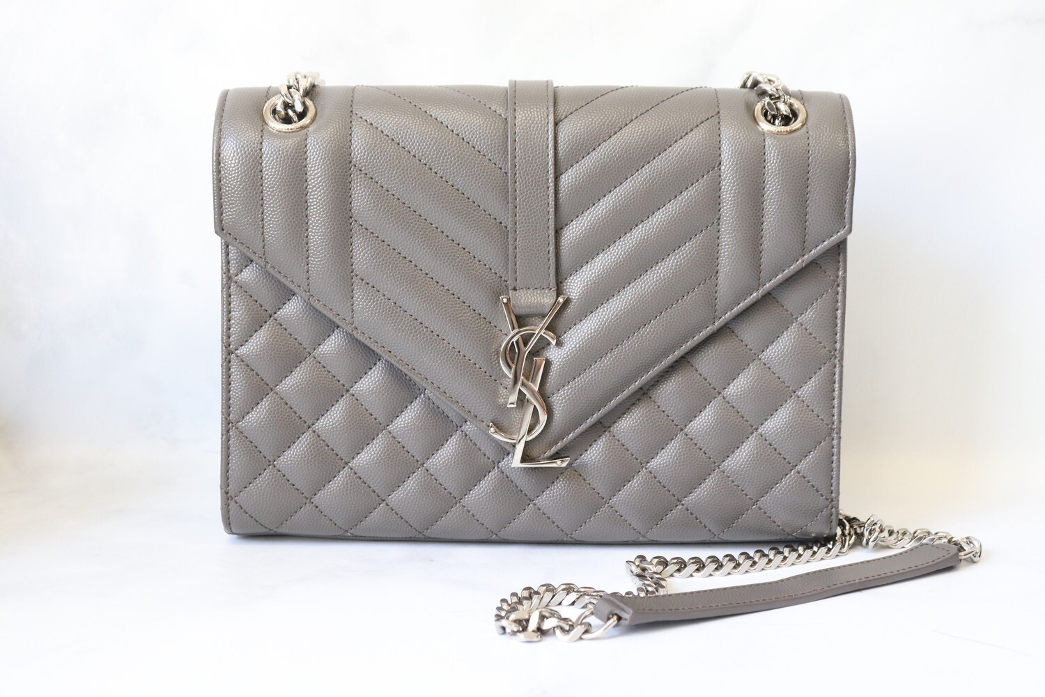 Saint Laurent Medium Envelope Bag in Gray, Silver hardware, Preowned with Dustbag