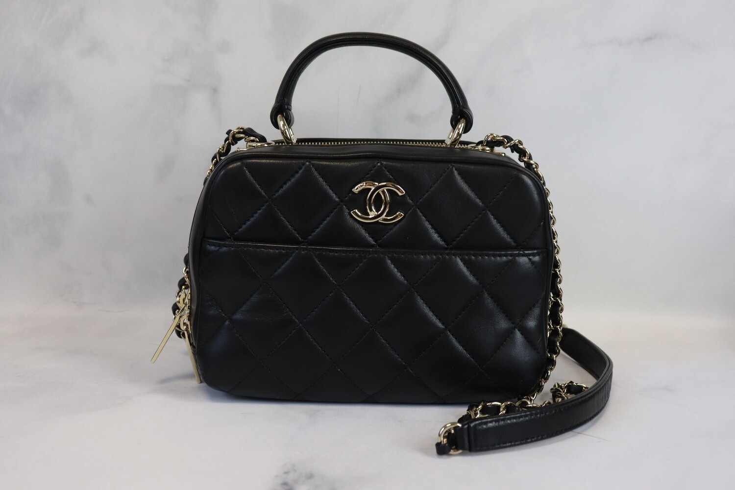Chanel Trendy Bowler, Black Lambskin Leather, Gold Hardware, Preowned in Box