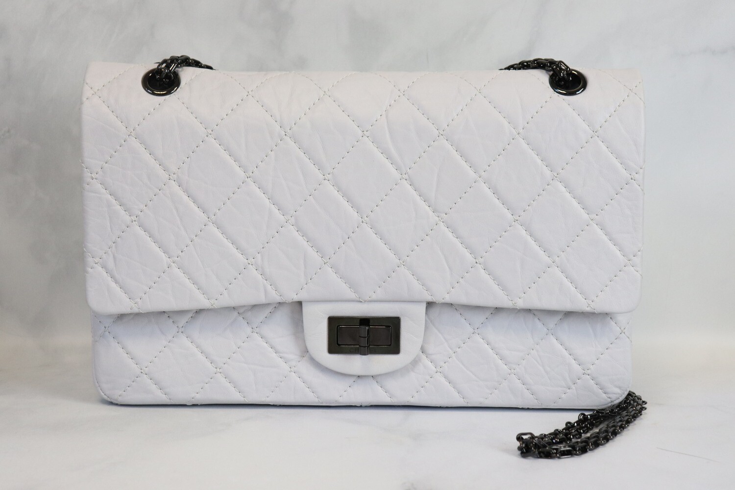 Chanel Reissue 227 Maxi, White Distressed Calfskin with So Black Hardware, Preowned in Box