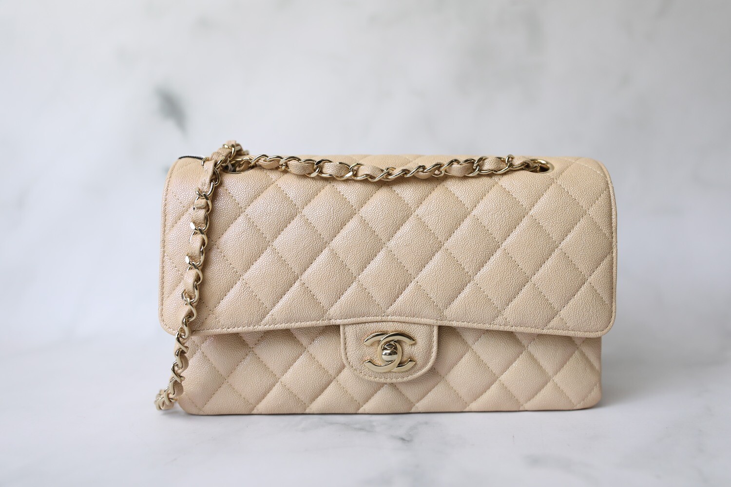 Chanel Classic Medium Double Flap Caviar Iridescent Beige with Gold  Hardware, Preowned in Box WA001