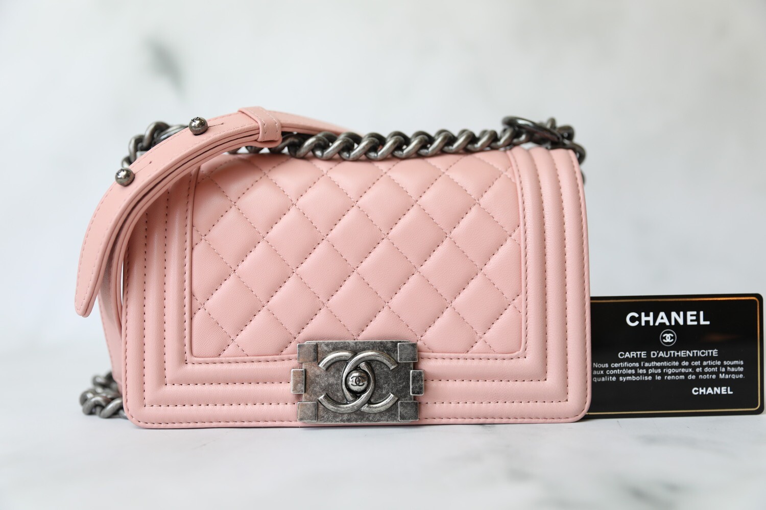 Chanel Boy Small, Pink Lambskin with Ruthenium Hardware, Preowned in Box WA001