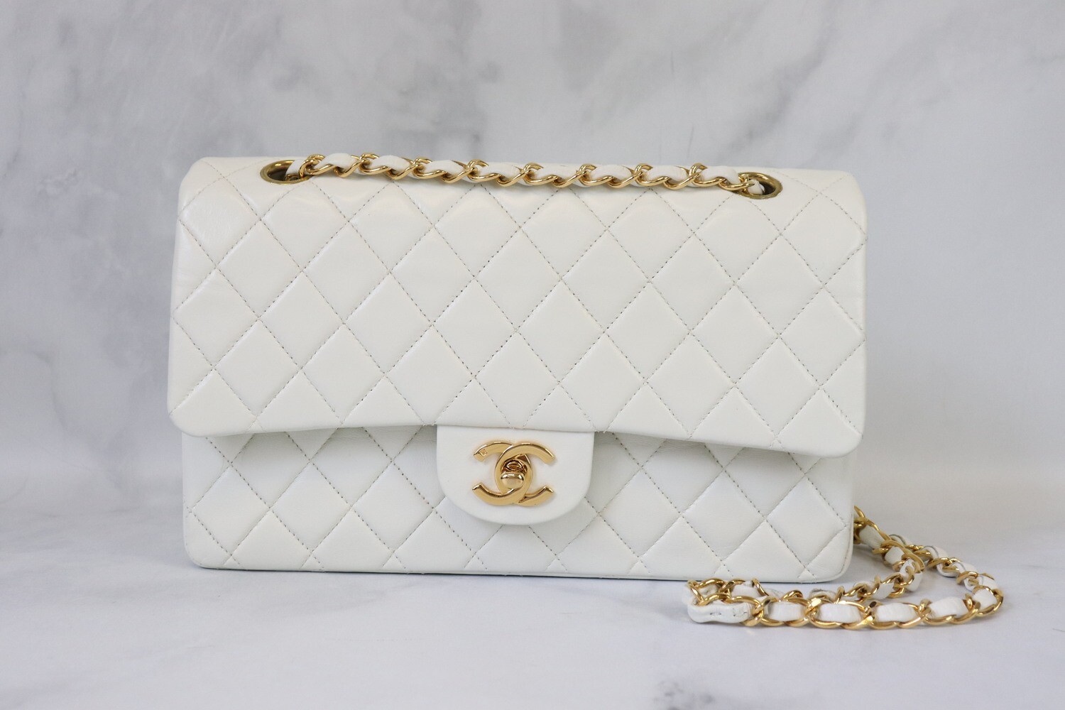Chanel Vintage Medium Classic Flap, White Lambskin Gold Hardware, Preowned in Dustbag