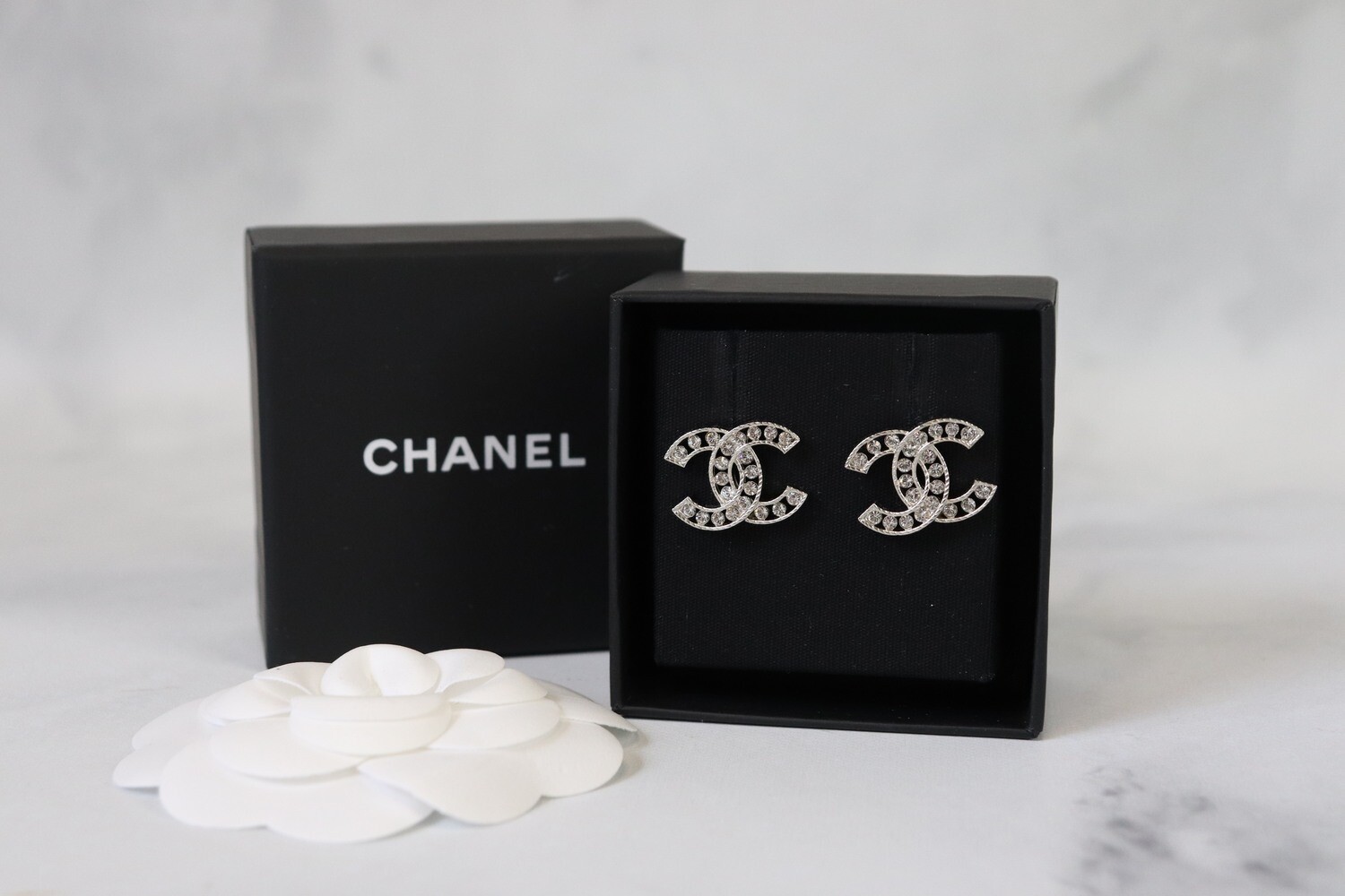 Chanel Outline CC Studs with Crystals, Silver Hardware, New in Box