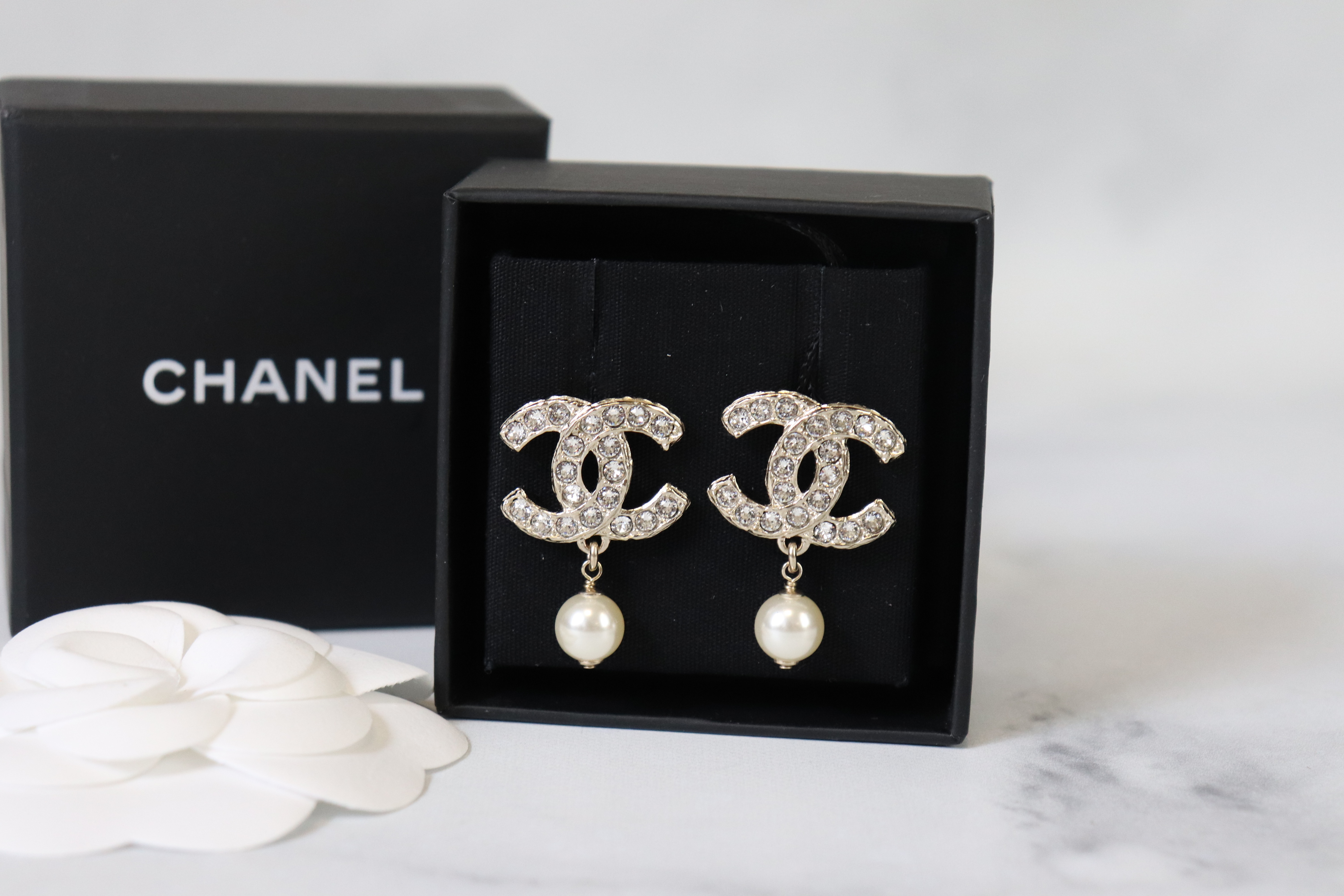 Chanel Earrings, Drop CC with Black leather Threaded, New in Box WA001