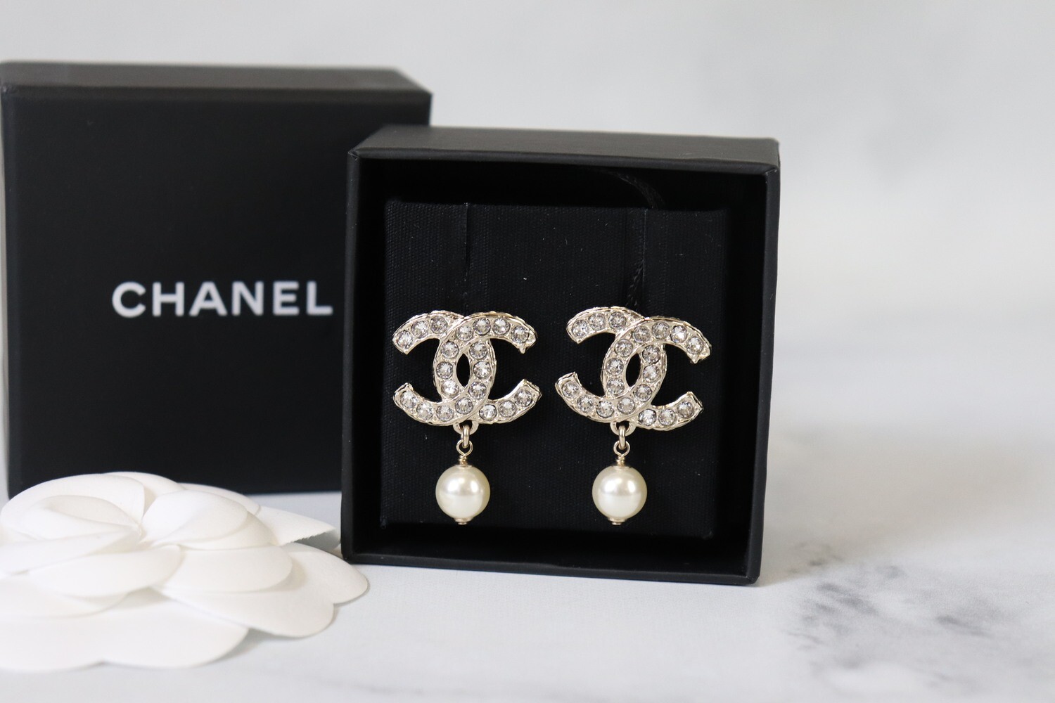 Chanel Earrings CC Crystal Drop Earrings with Pearl, Lightgold