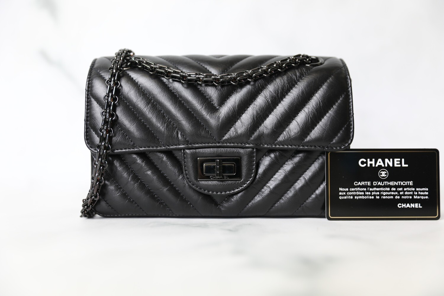 Chanel Reissue Mini, So Black Chevron Calfskin, Preowned in Box WA001