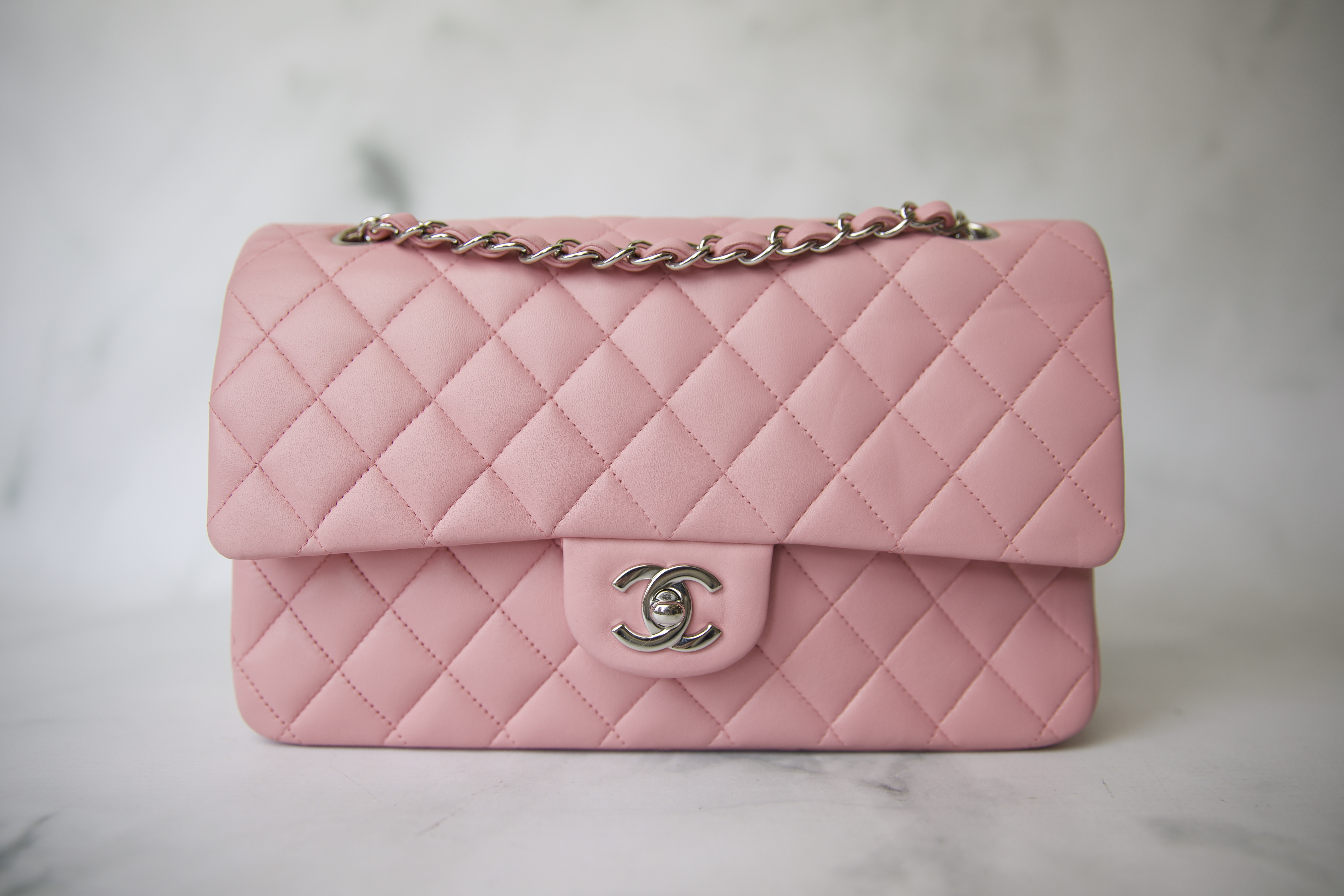 Chanel Metallic Pink And Rose Gold Lambskin Camellia Rose Appliqué