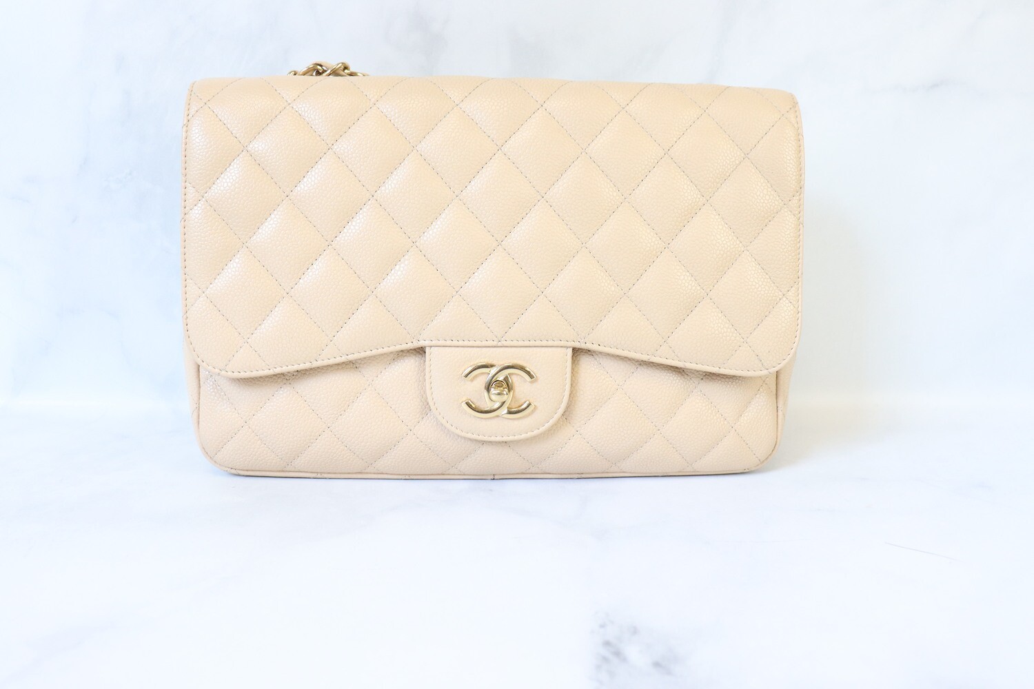 Chanel Classic Jumbo Double Flap, Beige Caviar Leather, Gold Hardware, Pre owned in Box