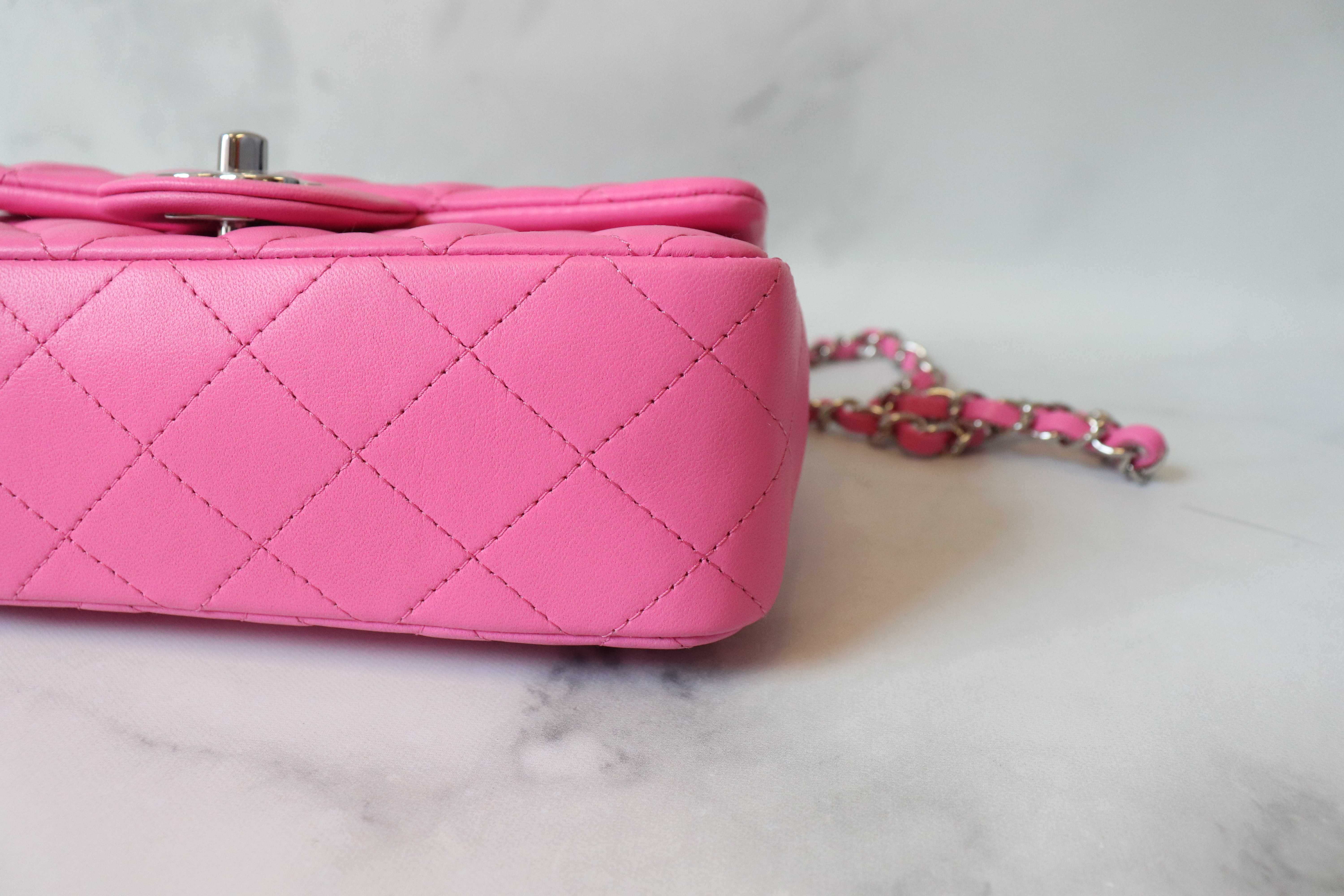 Chanel Classic Mini Rectangle, Neon Pink, Lambskin Leather, Silver