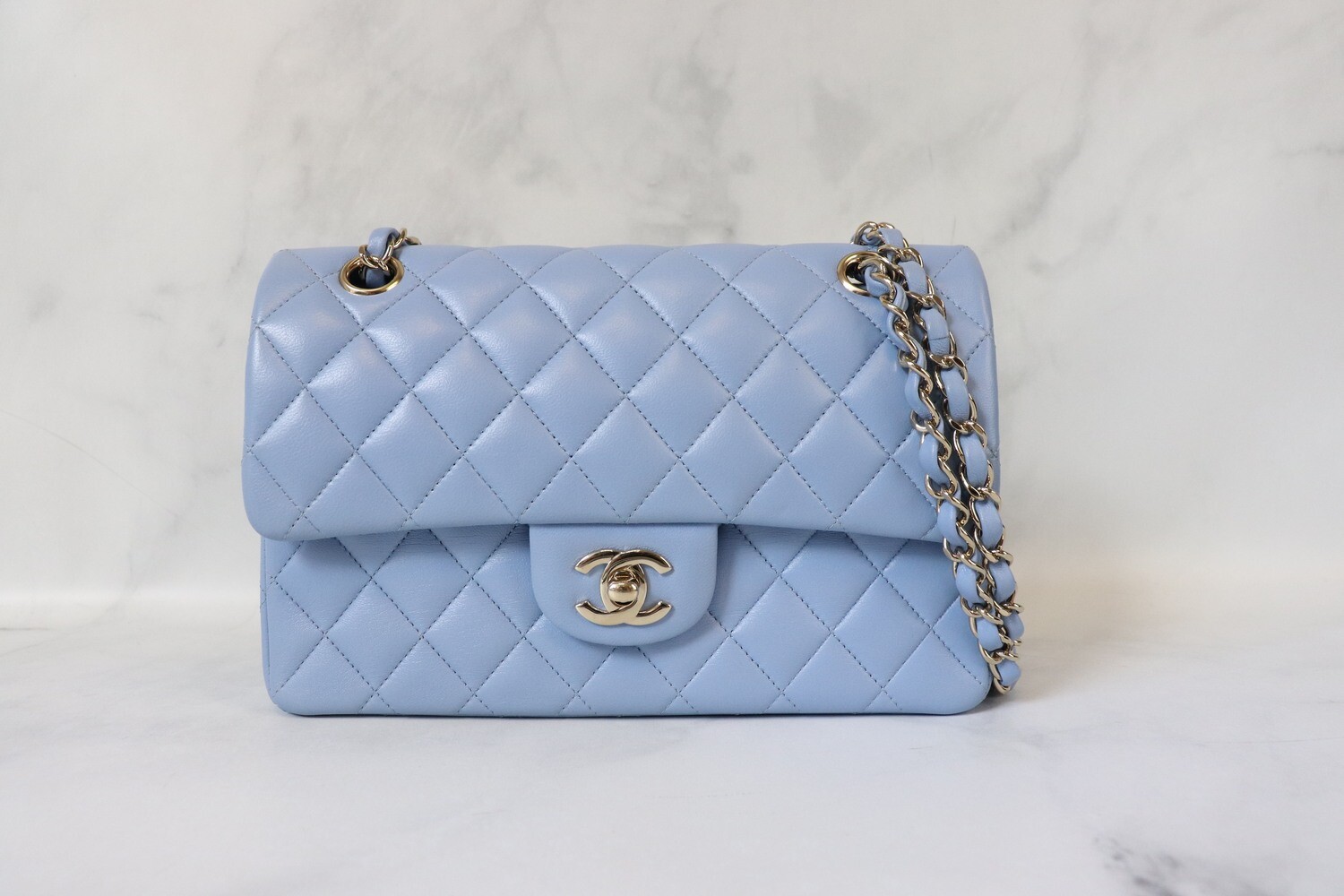 Chanel Classic Classic Double Flap, 21C Light Blue, Lambskin Leather, Gold Hardware, Preowned in Box MA001