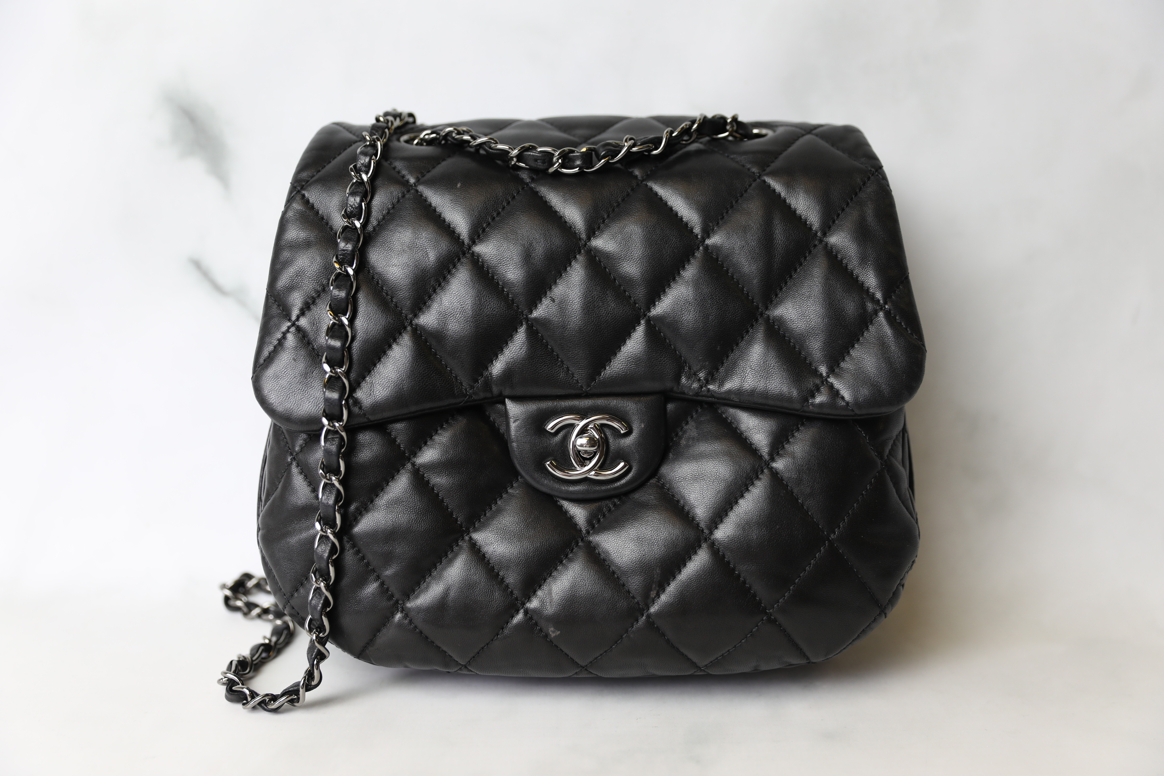Chanel Quilted Saddle Bag, Black Calfskin with Silver Hardware