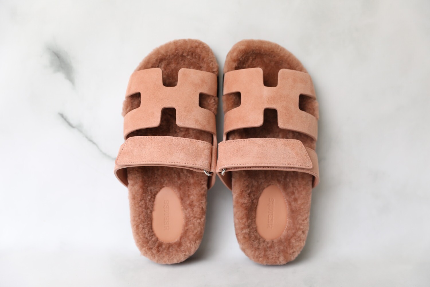 Hermes Chypre Pink Woolskin Slides, Size 37.5, New in Box WA001